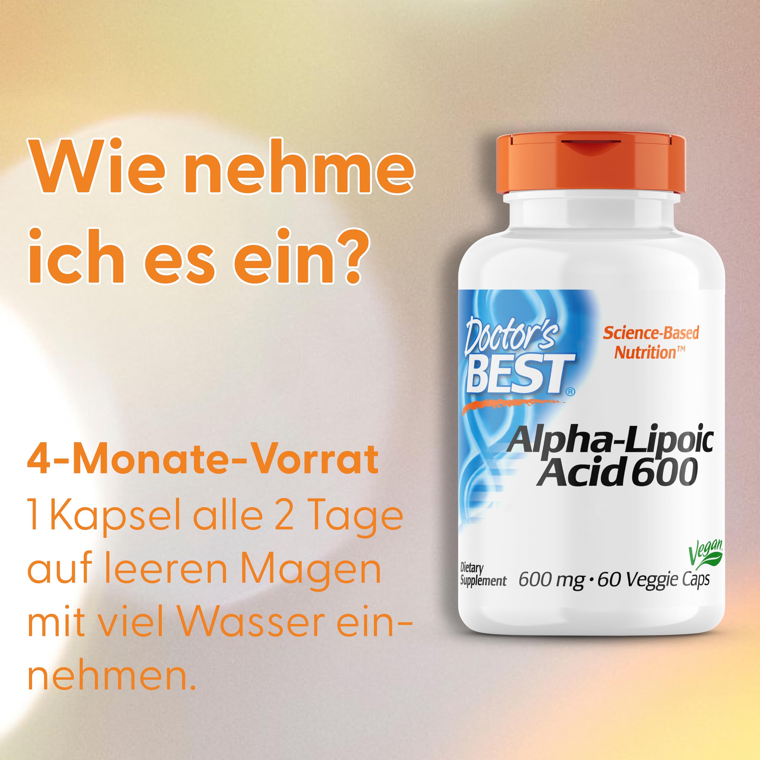 Doctor's Best, Alpha-Lipoic Acid (Alpha Liponsäure), 600 mg Depot, 2-Tages-Dosis, 60 vegane Kapseln, Hochdosiert, Laborgeprüft, Ohne Gentechnik, Glutenfrei