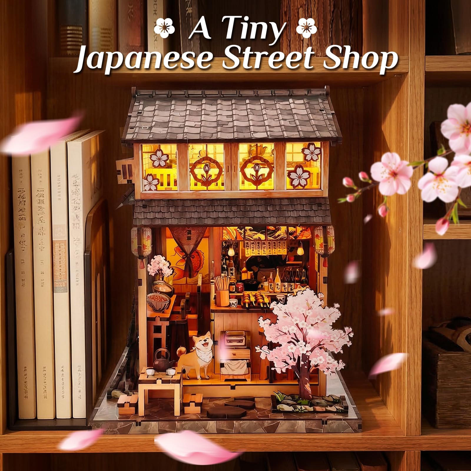 Tecnock DIY Miniaturhaus Bausatz für Erwachsene & Jugendliche, Sakura Izakaya mit Touch-Licht, Book Nook Deko, 3D Holzpuzzle Geschenk für Japan-Fans (Sakura-Izakaya)