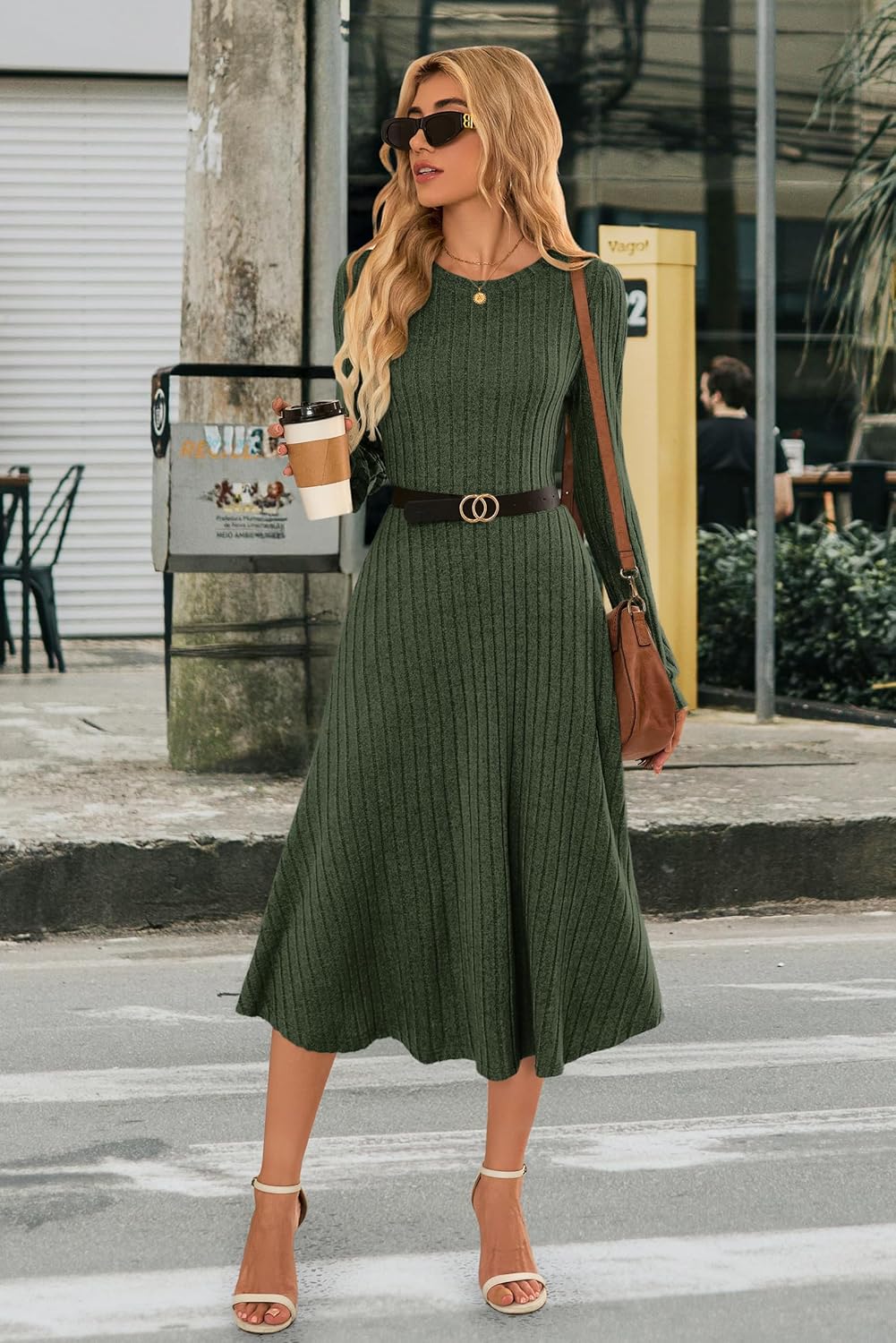 MOLERANI Womens Ribbed Knit Long Sleeve Midi Dress Crewneck 2025 Fall Casual Elegant Dresses with Pockets Wedding Party,Army Green,S - Image 5