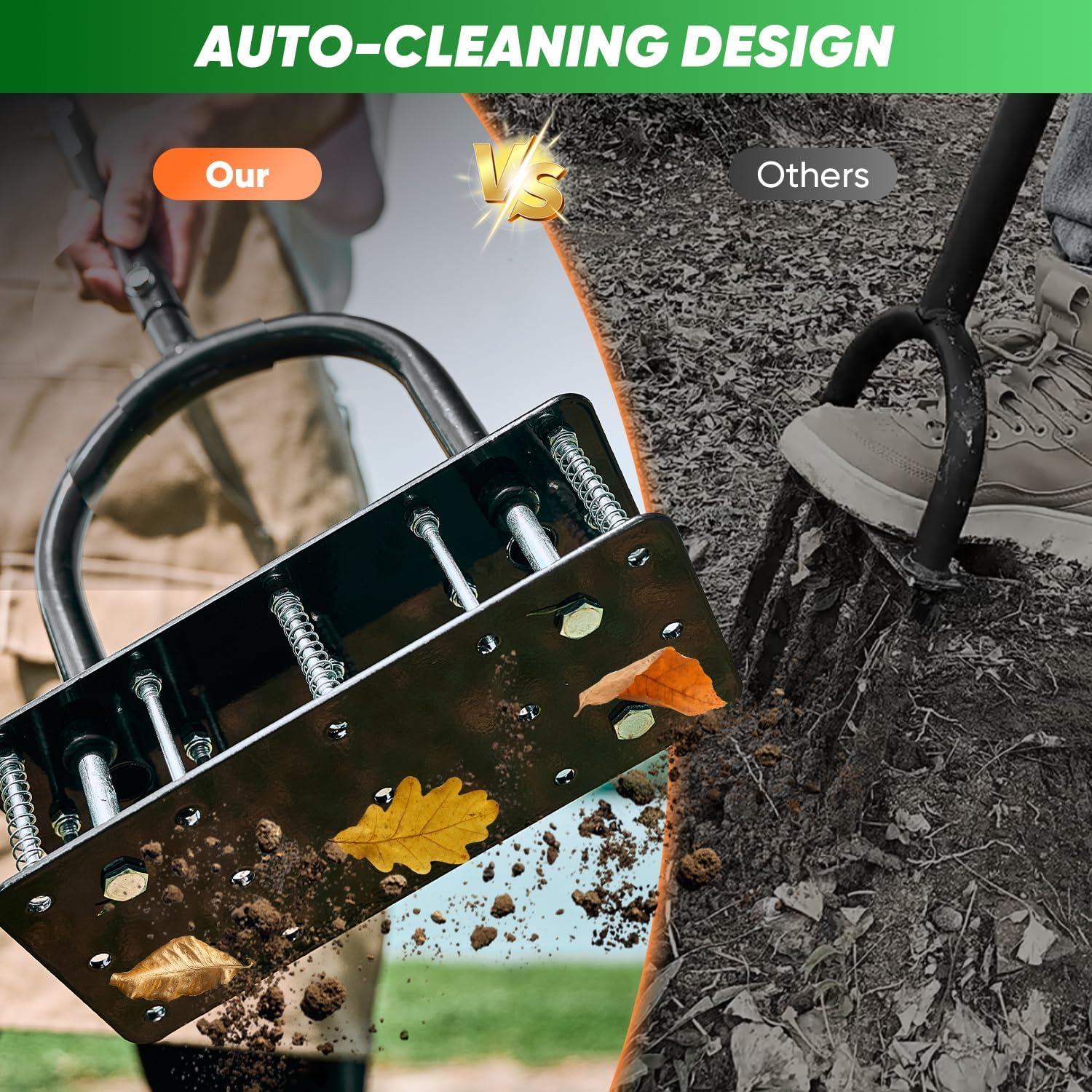 Saker Manual Lawn Aerator Tool with 15 Iron Spikes Adjustable Height, Double-Layer Spring, Heavy-Duty Iron Lawn Aerator Tool with Gloves for Loosening Soil Aerating Patio, Yard, Garden Black