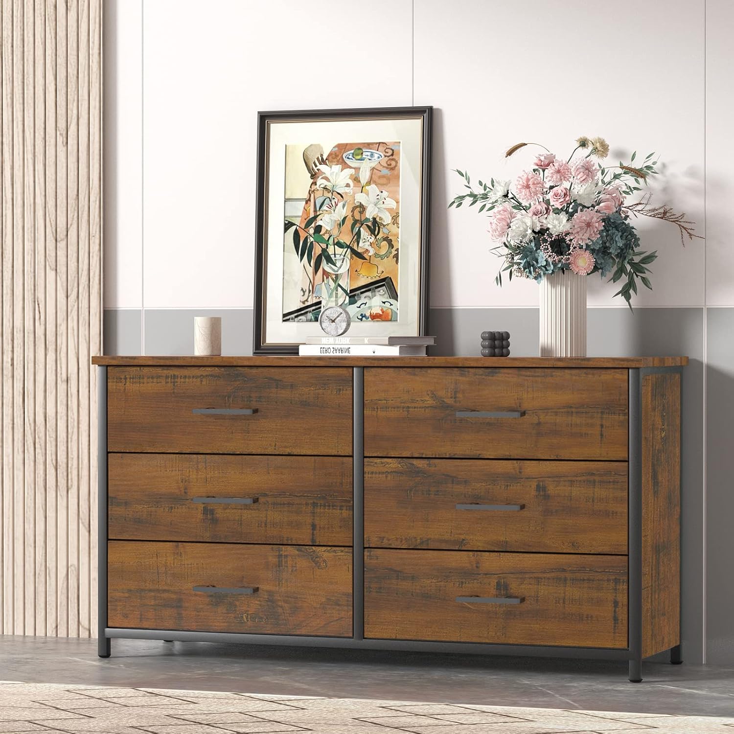 Buy IKENO 6 Drawer Double Dresser, Industrial Wood Dresser for Bedroom