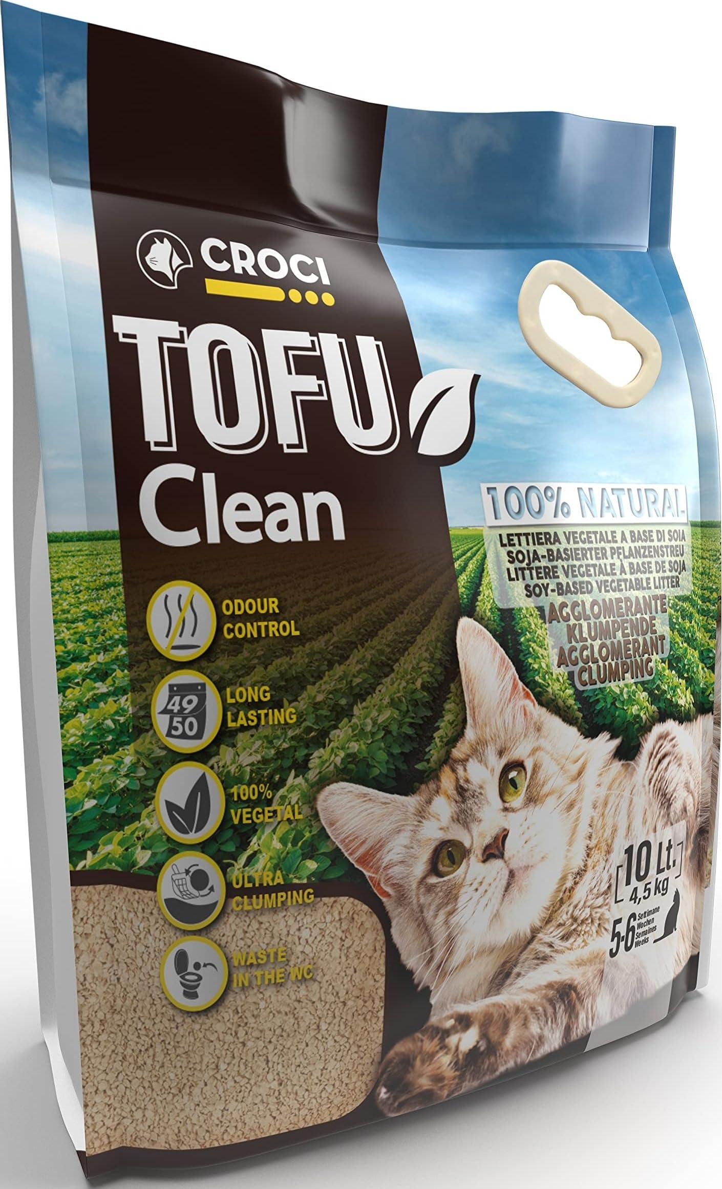 Croci Lettiera Tofu Clean 10L - Lettiera Gatti agglomerante, Biodegradabile si getta nel WC, 100% vegetale, Sabbia Antiodore di lunga durata