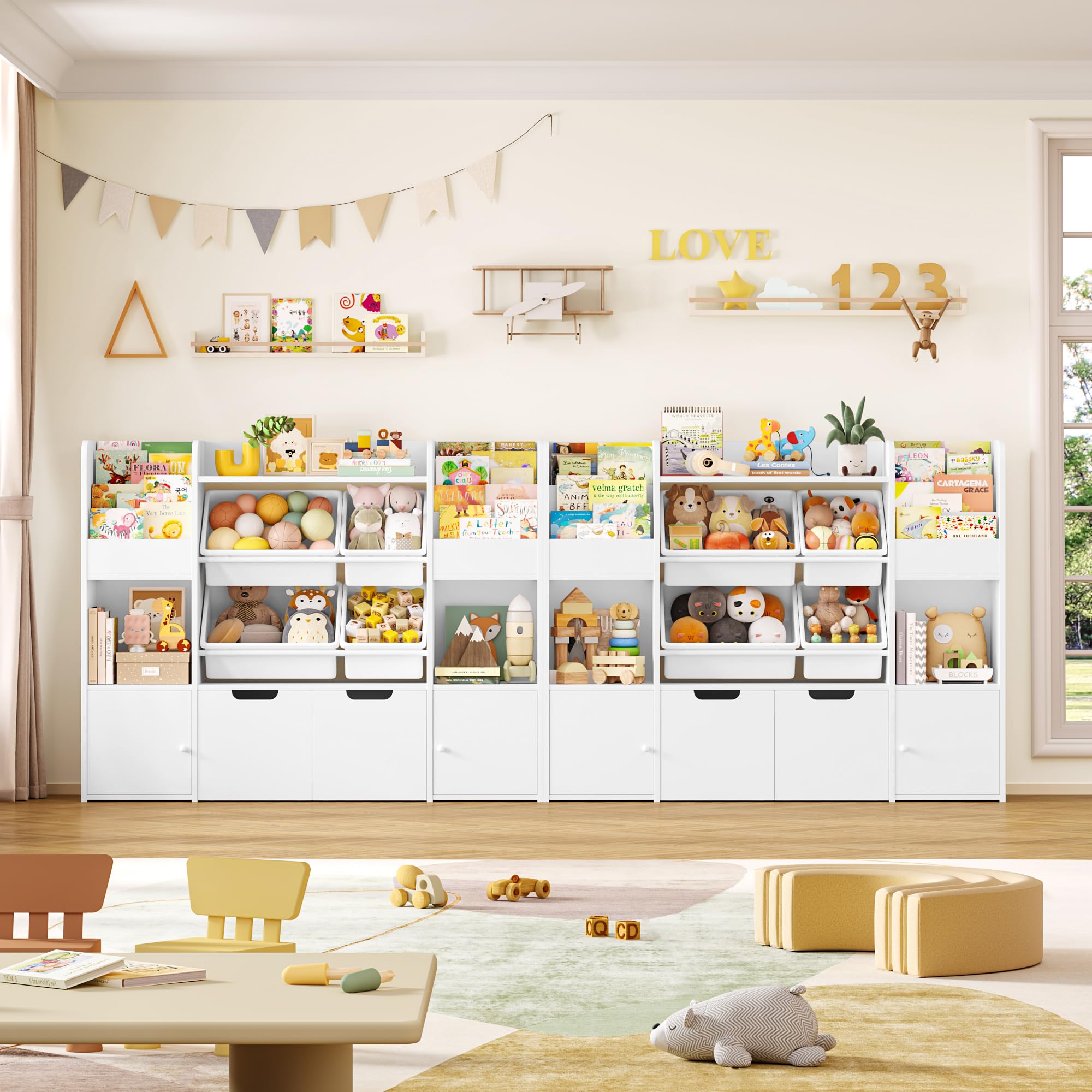 FOREHILL Meuble Rangement Enfant Bibliothèque Enfant Boîtes Amovibles Blanc | Rangement jouet et livres 126x30x104cm | 13 Étagères 2 tiroirs roulants | Meuble pour chambre salle de jeu | Facile à monter