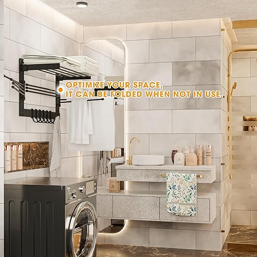 Miniatura 6 de BATODA Perchero de secado de ropa para lavandería, toallero giratorio para montaje en pared, con ganchos y brazos oscilantes, ahorro de espacio en