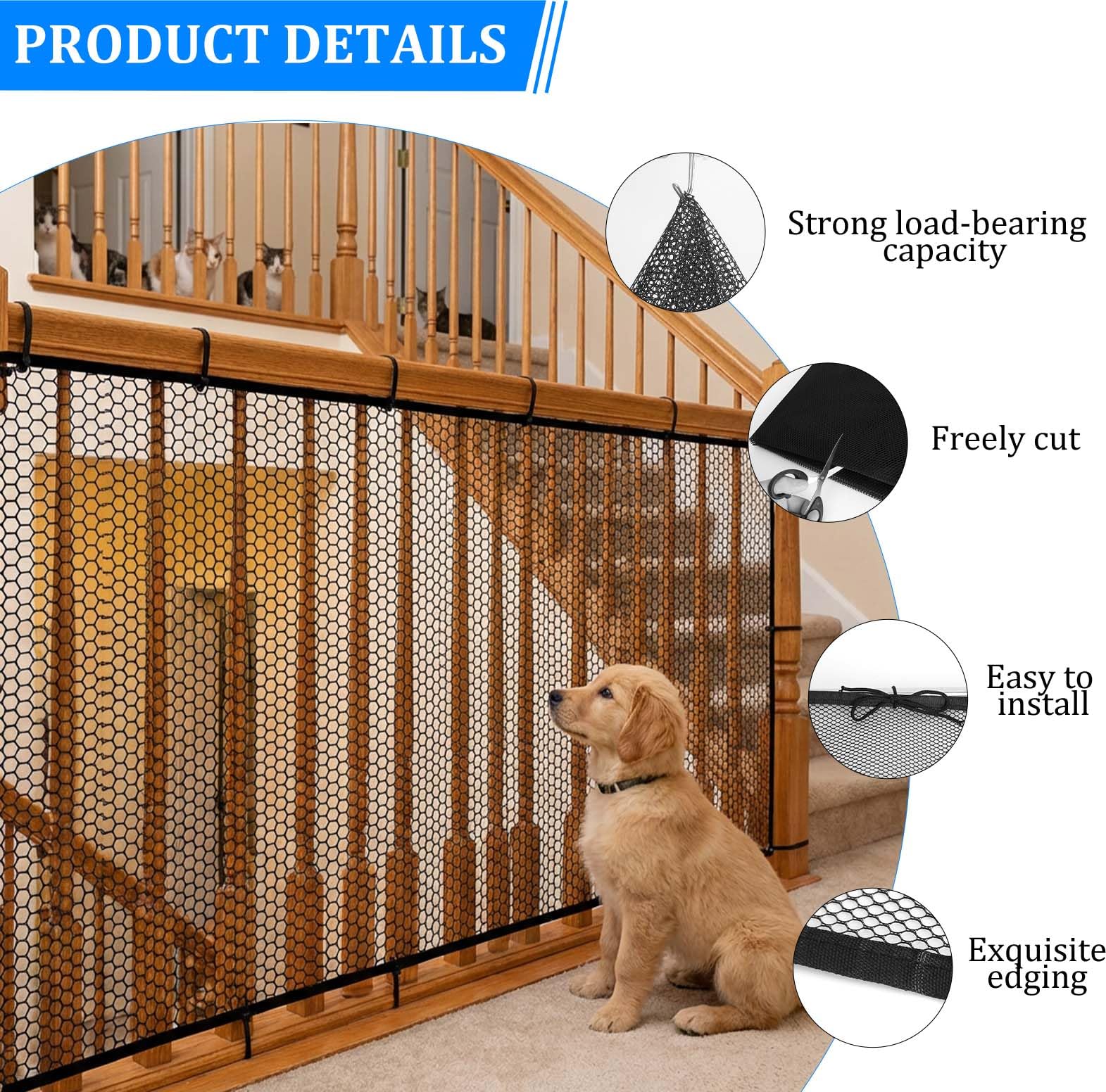300 * 78 cm Filet Sécurité Escalier Enfant, Filet Protection Balcon Sécurité Garde Corps avec 15 Sangles 25 Cordes Nylon, Découpable pour Escalier Fenêtre Animaux Noir