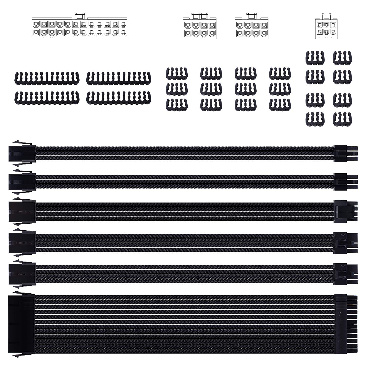 SmrazaSleeved Cable Extension Kit for Power Supply with Extra Sleeved, PSU Connectors, 24-Pin 8-Pin 6-Pin 4+4-Pin with Cable Combs(11.8 inch/ 30cm) (Black)
