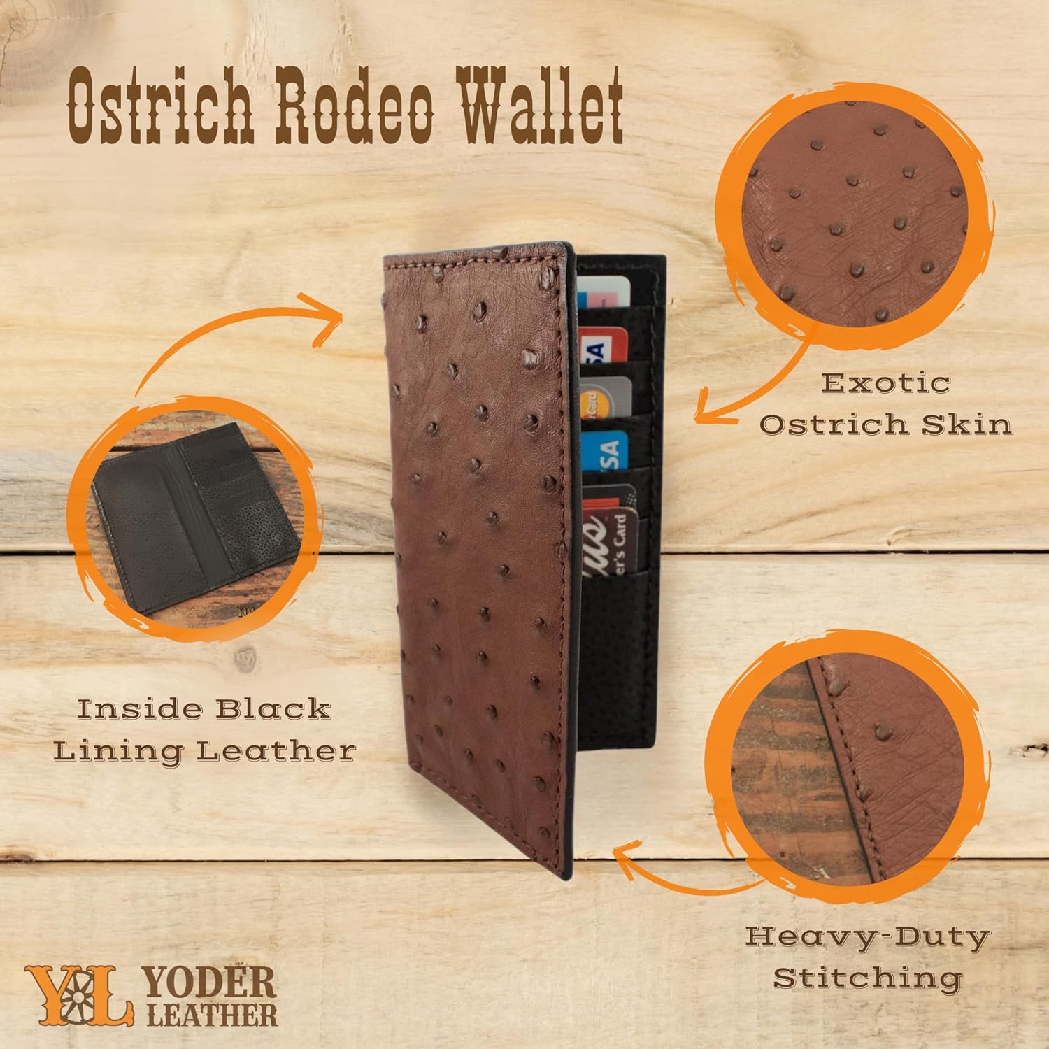 Yoder Leather Company Brown Ostrich Skin Rodeo Checkbook Wallet