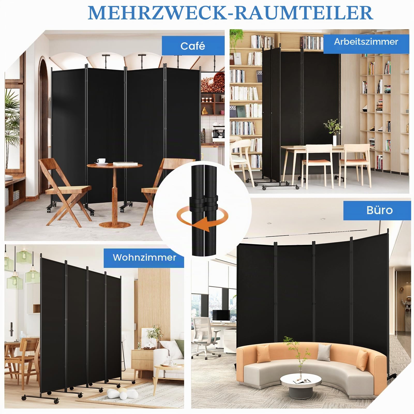 WELDUN Raumteiler mit Rädern 4 teilig 223,5 cm x 183 cm Paravent Trennwand, Klappbar Sichtschutz Raumtrenner beweglich, Schwarz