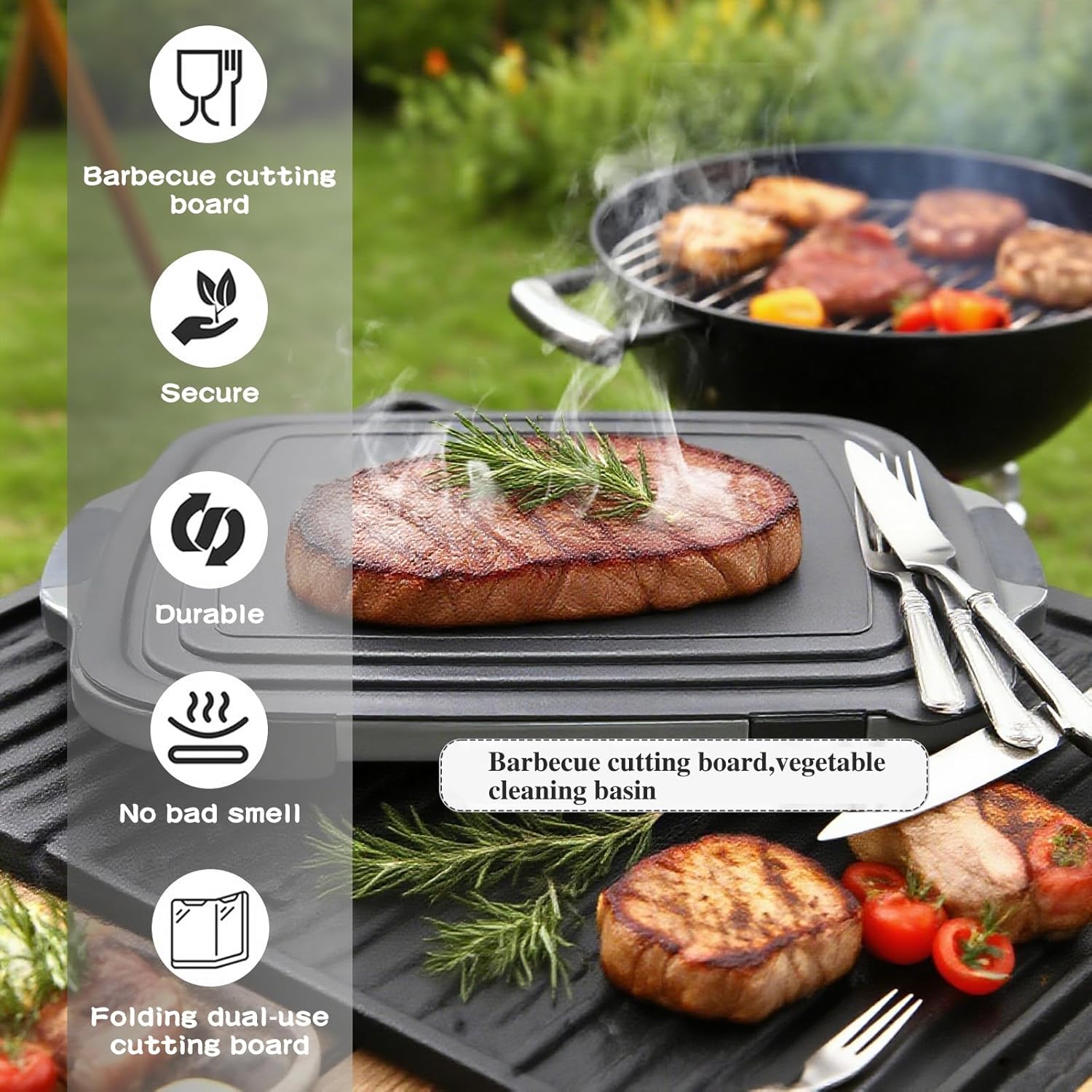 Collapsible BBQ Prep Tub with Lid & Cutting Board (8L/16L) - XL Meat Marinating Basin & Grill Carry System - 5pc Set with Heat Resistant Gloves, Basting Brush & Spatula (Black, Large, 16L)