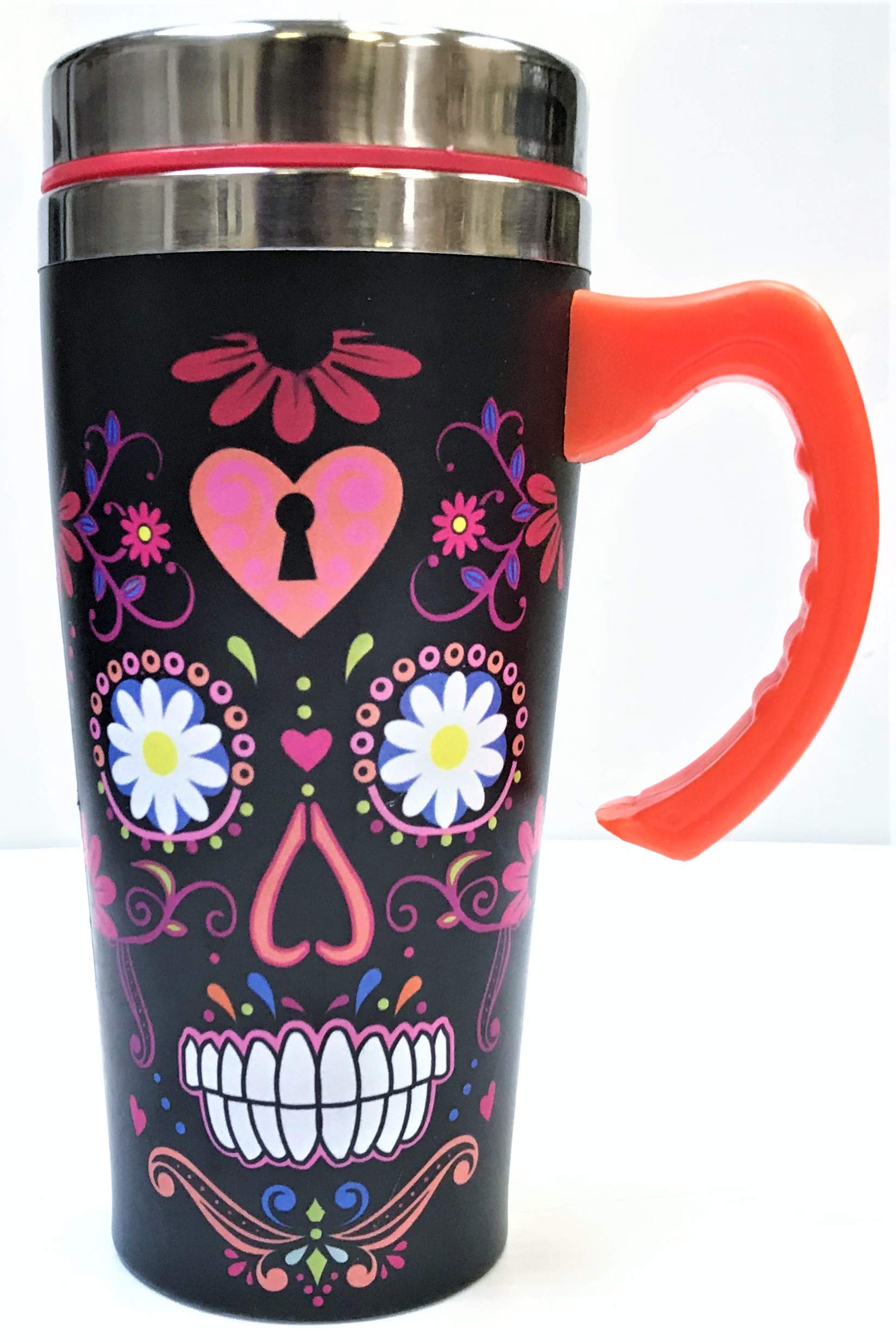 Eclipse 16oz 100% Stainless Steel Temperature Retention Travel Mug Cup w/Handle, Assorted Designs, Choose Your Style! (BLACK CANDY SKULL)