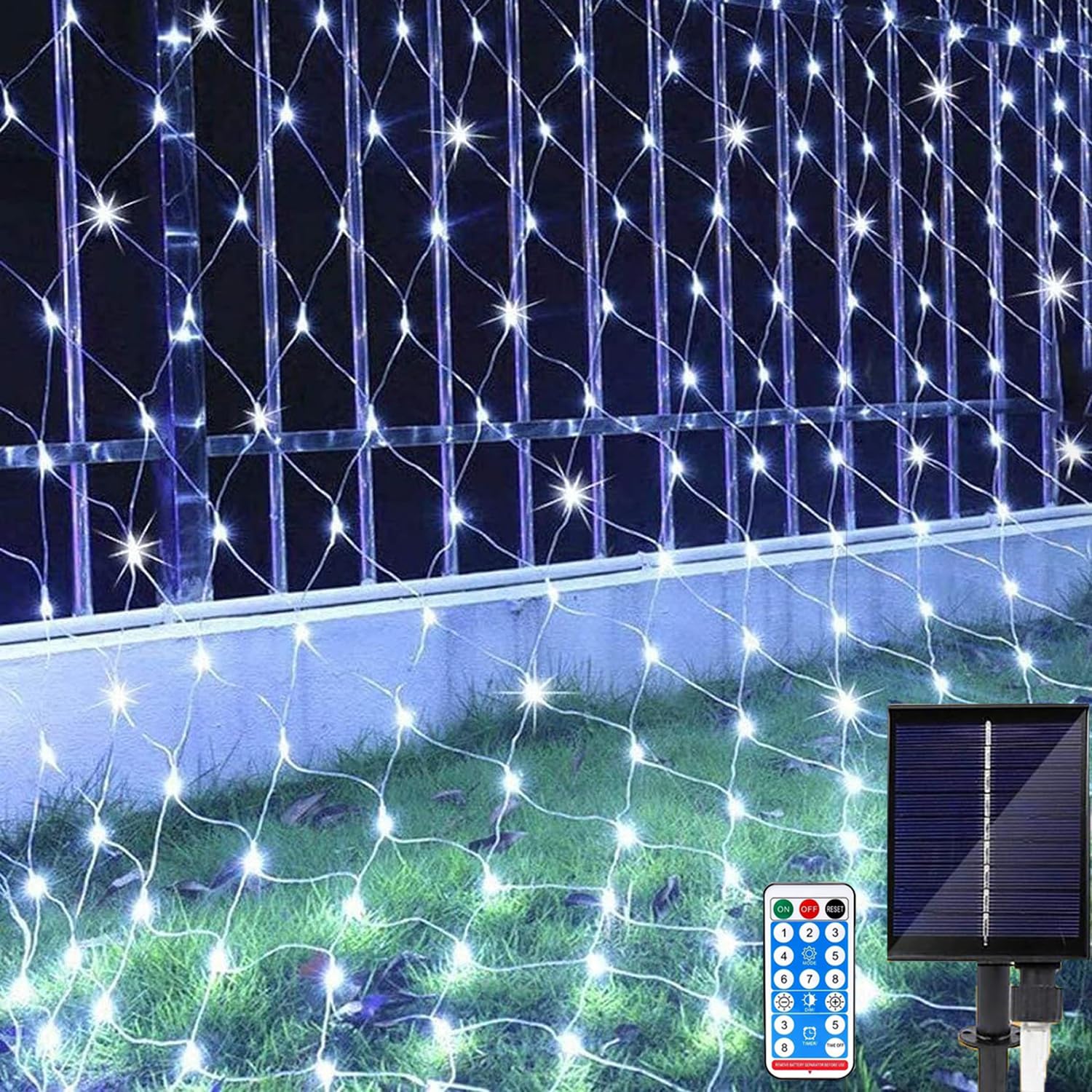 672LED Solar Lichternetz Außen, Wasserdichte Solar Lichterkette Netz Fernbedienung Timer Vorhang Weihnachtsbeleuchtung 8 Modi Mesh Lichtervorhang für Hochzeit Fenster Deko (Weiß, 6x4m)