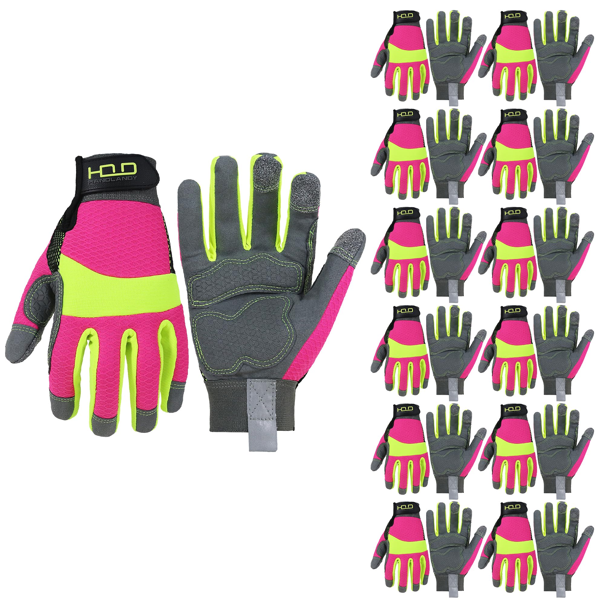 HANDLANDY Safety Work Gloves Men Women, Bulk 12 Pairs Utility Padded Mechanic Builders Construction Warehouse Working Gloves Touch Screen Gardening Glove (Bright Green Pink, S) — image 1