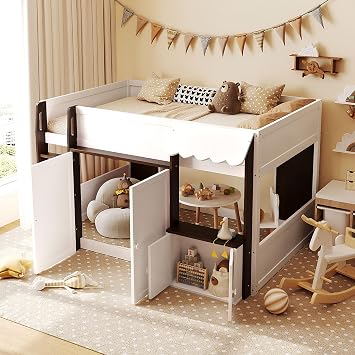 Full Size Low Loft Bed with Storage, House Loft Bed with Storage Cabinet, 2 Doors and Play Zone, Playhouse Cabin Bed Frame for Kids Teens Boys Girls, White Espresso