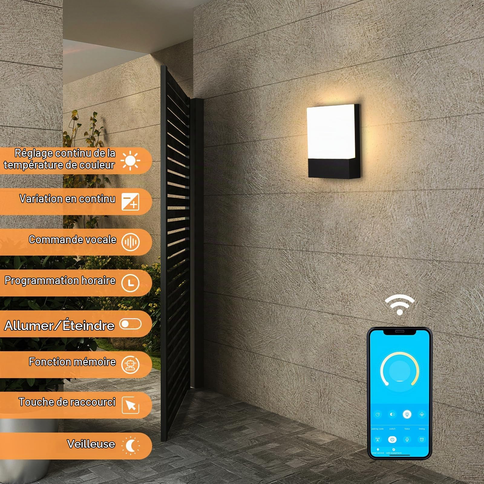 Lampe Murale 2.4G Contrôleur à distance APP, IP65 Imperméable Exterieur Applique Murale, LED Lampe de Mur avec 2700K-6500K Régulable Couleur Température pour Balcon, Jardin, Garage