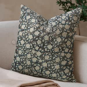 Fabritual Duck Canvas Block Print Pillow Cover - 18x18" Handmade Floral, Blue Amritvella