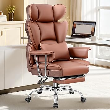 ALLGOD Big and Tall Office Chair 400LBS, Executive Ergonomic Leather Chair with Footrest, Wide Seat Gaming Office Chair with Pocket Spring Cushion, Reclining High Back Computer Desk Chair, Brown
