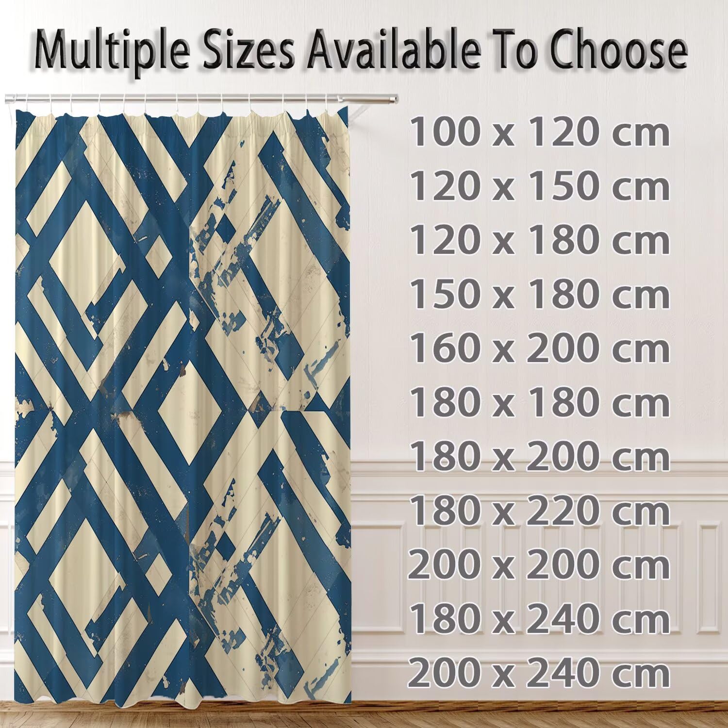 Wy-204 zasłona prysznicowa, niebieska, geometryczna, 180 x 220 cm, z 12 pierścieniami, wodoszczelna, z poliestru