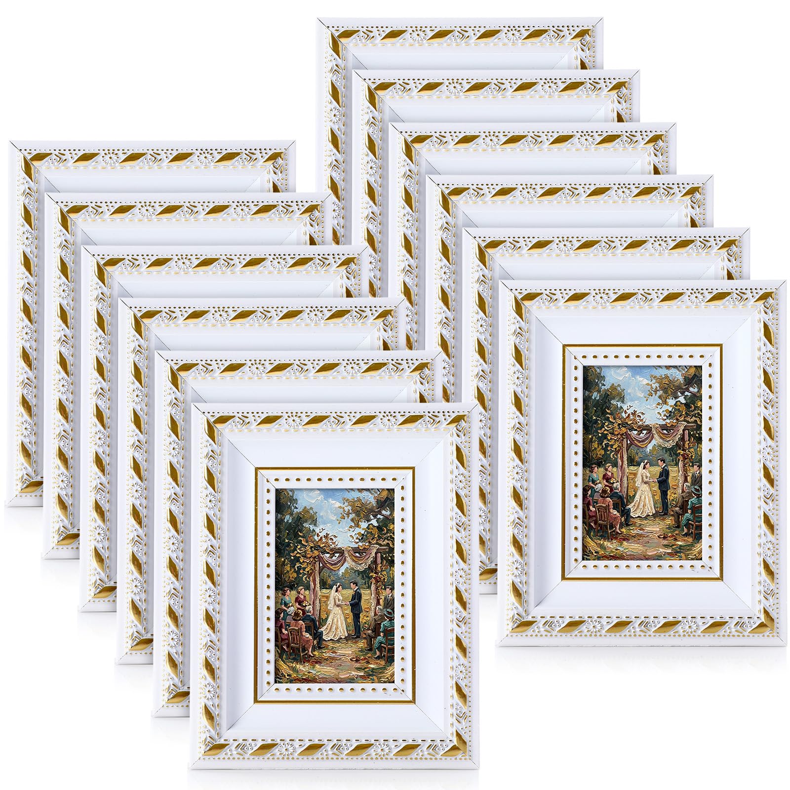 12 Pcs 2 x 3 Inch Small White Picture Frames Bulk Mini Vintage Antique Ornate Retro Baroque Photo Frames with Backboard for Wall Hanging Tabletop Home Decor Wedding Christmas Display