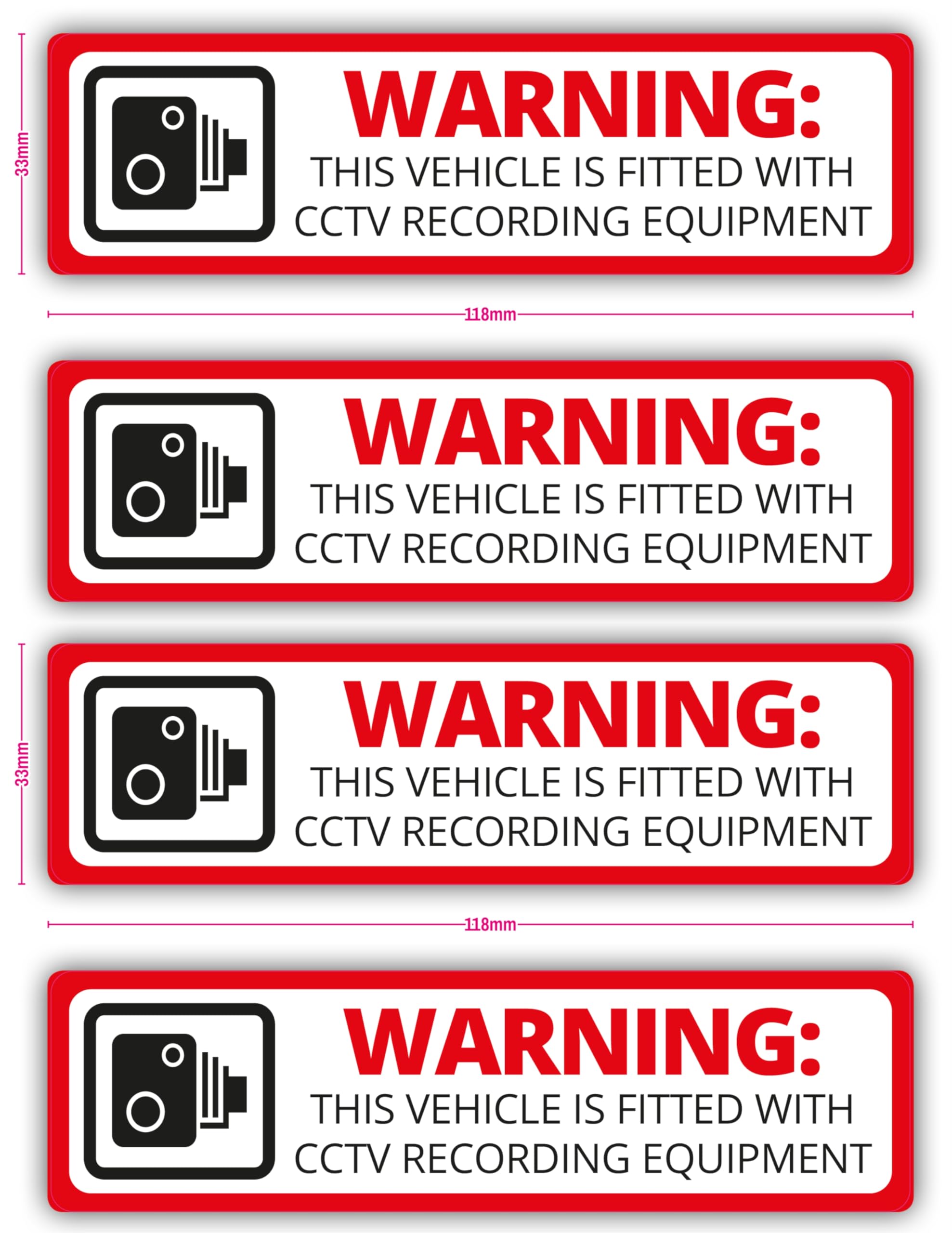 Pack of 4 CCTV Dash Cam Recording Camera Self Adhesive Vinyl Stickers Each is 118mm by 33mm