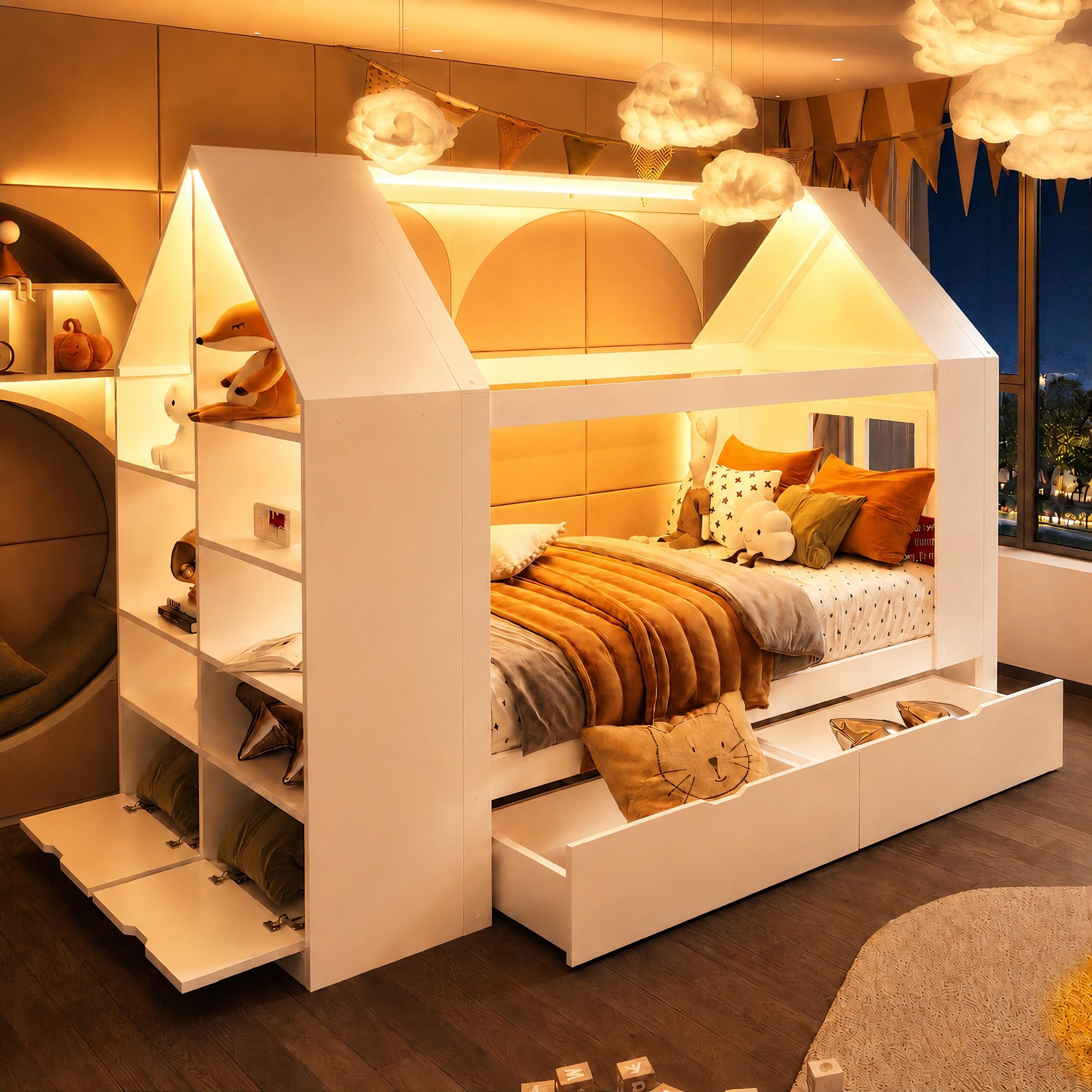 Kinderbett 90x200 Hausbett mit LED und Stauraum, Einzelbett mit Schubladen, Holzbetten für Kinder und Jugendliche, Massivholz Weiß