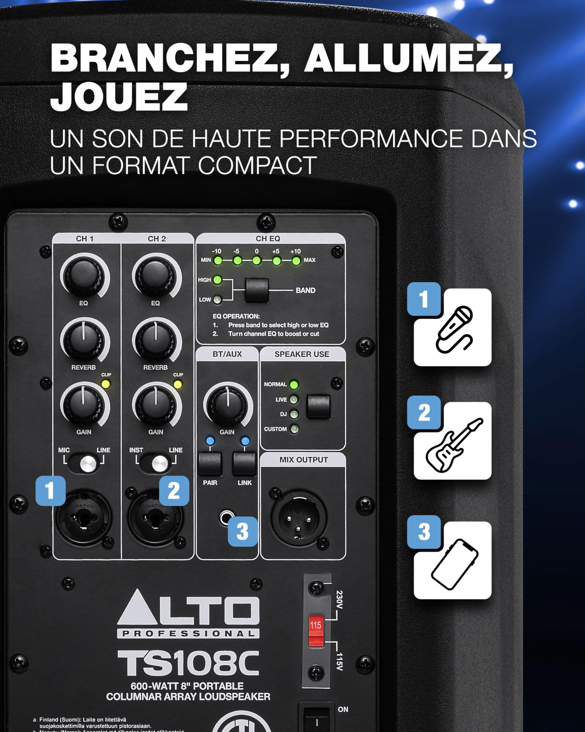 ALTO TS108C Ensemble Portable de Haut-parleurs Actifs 600 Watts avec mixeur numérique 3 canaux, Bluetooth et App de Commande, pour Musiciens Solo, DJ et salles de Spectacle