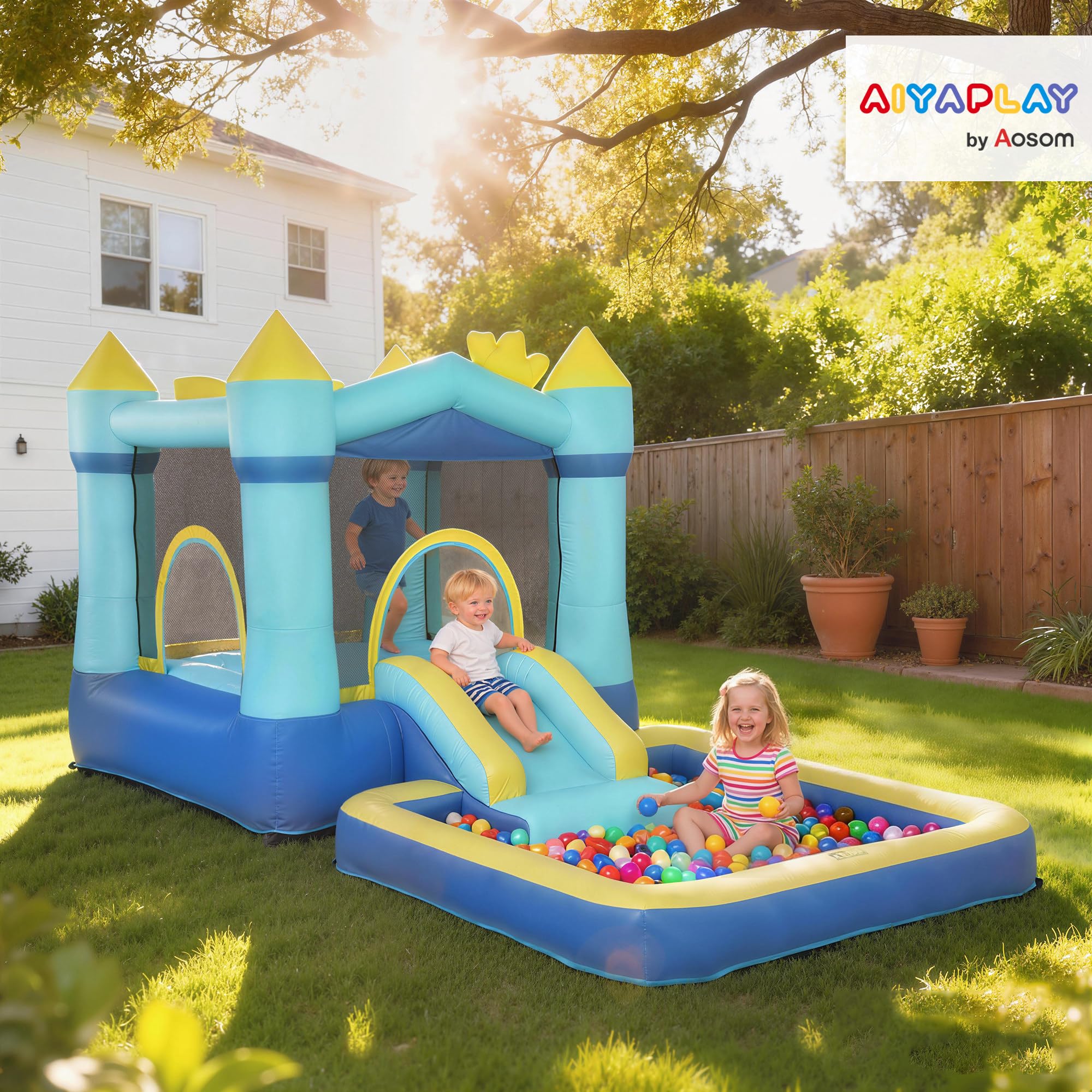 AIYAPLAY Castillo Hinchable para Niños con Soplador, Castillo Hinchable con Tobogán, Cama Elástica, Piscina y Aro de Baloncesto, para Niños 3-8 Años, Interior y Exterior, 364x173x182 cm, Azul