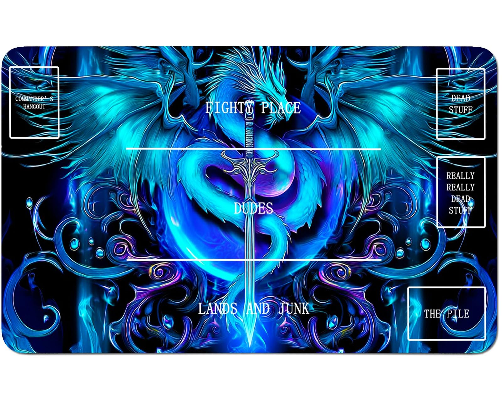 RWUTYTIUL for MTG Card Playmat 24 X 14 Inch with B Zone, Stitched Play Mat for Commander Board TCG RPG CCG Game Desktop Tablet Mouse Pad for Playing Accessories, Blue Dragon Flame