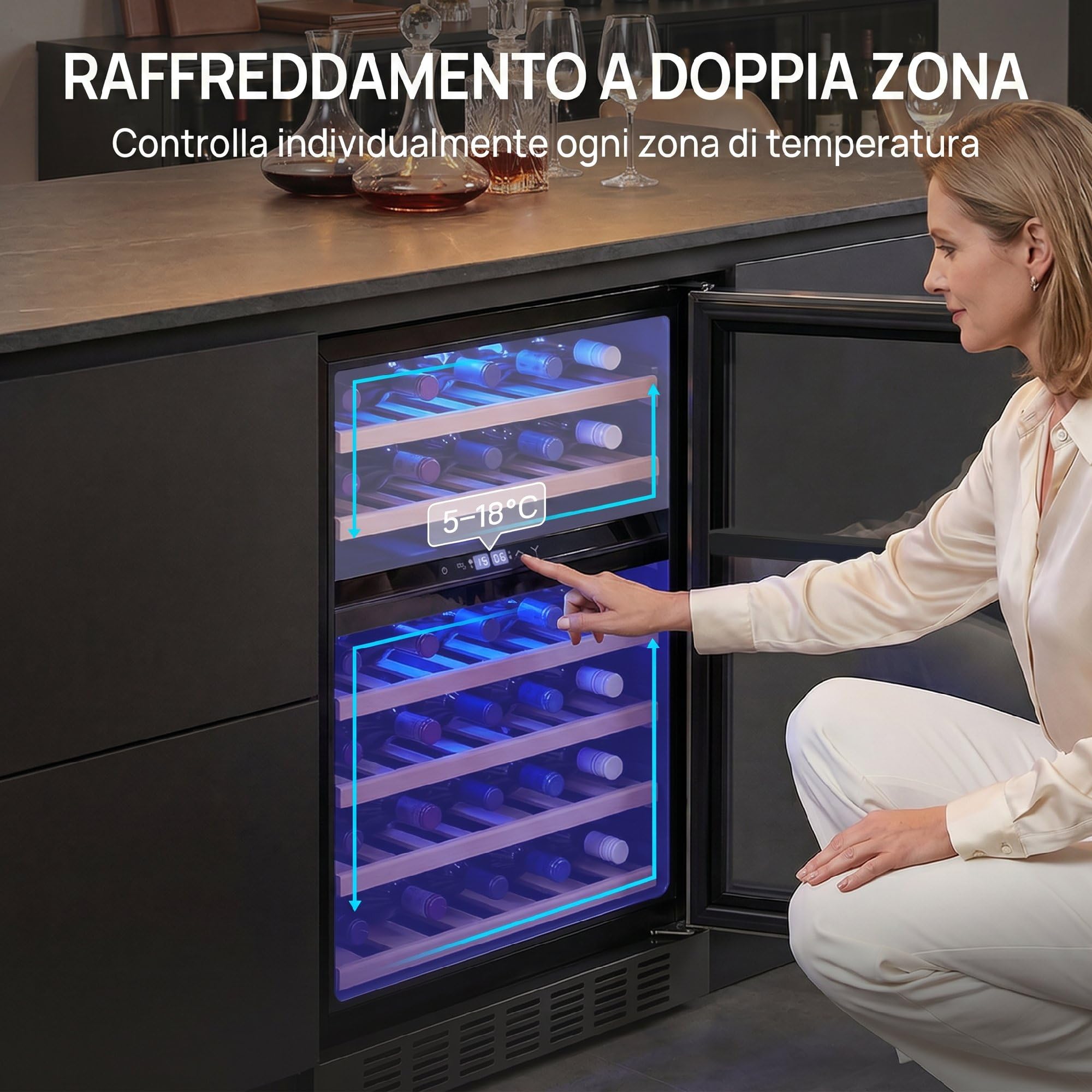 HOMCOM Cantinetta Vino Doppia Temperatura 46 Bottiglie 131L Cantina Vino Frigo Bar Refrigerata Sottopiano Silenziosa 5-18℃, Triplo Vetro Anti UV, Ripiani Regolabili Legno, Display Touch, LED, Classe F