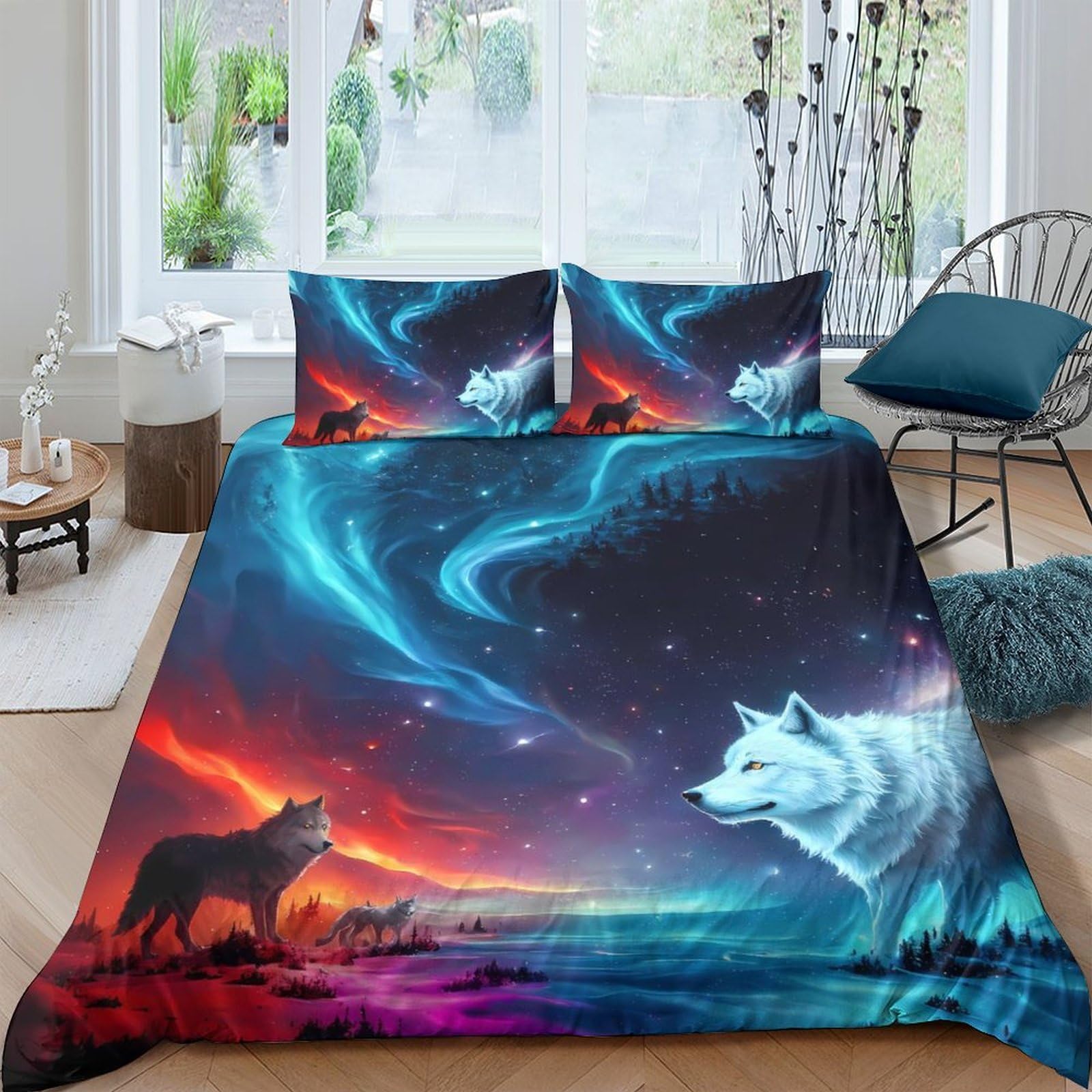 Ctjqhvkz Style-9 3D Printed Aurora Wolf Fitted Sheet Microfiber Soft Breathable Sunset Forest Mattress Cover For Bedroom Decor Single（135X200cm）