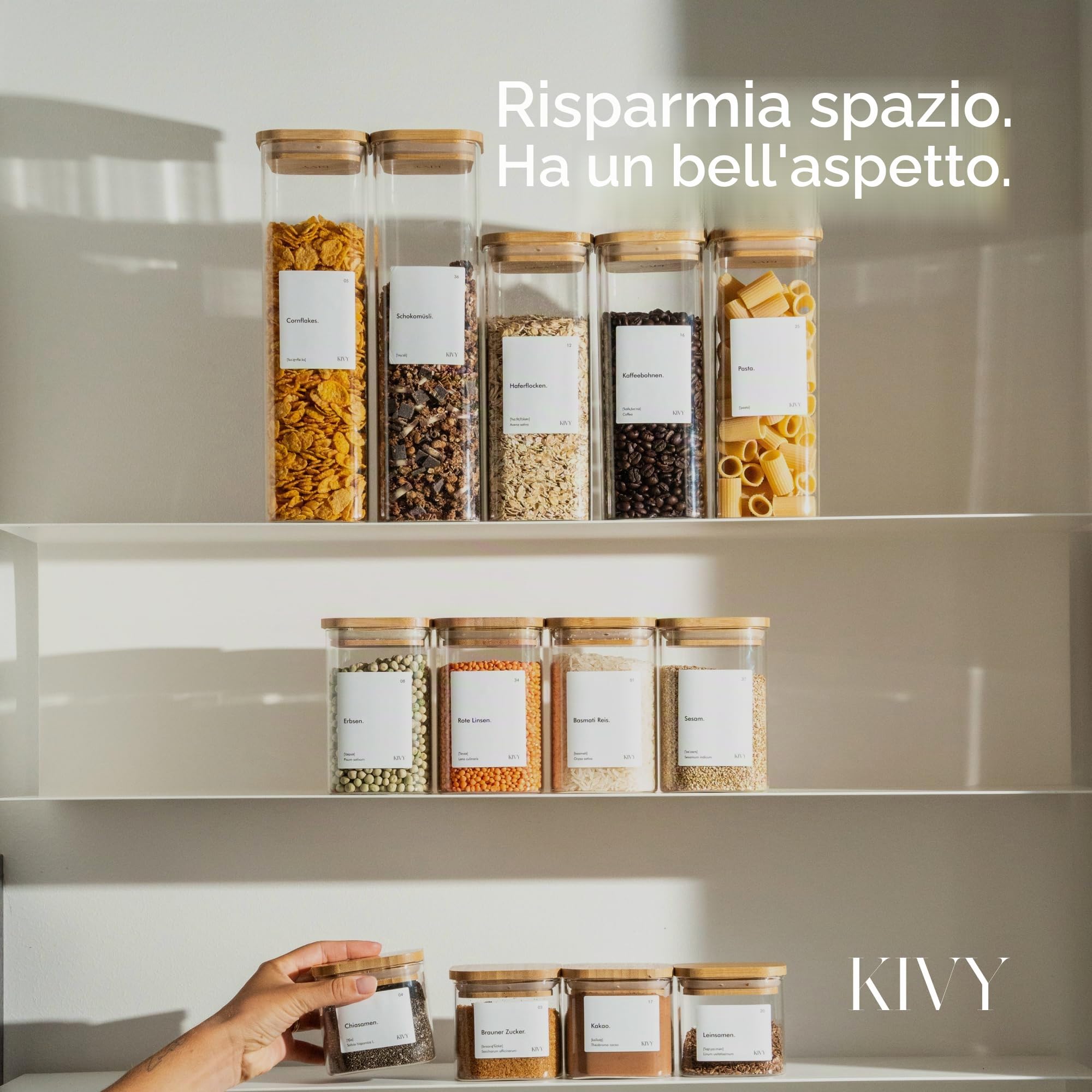 KIVY Barattoli rettangolari [set da 12 pezzi] + etichette – barattoli impilabili e ermetici con coperchio – Barattoli con coperchio ermetici – Barattoli rettangolari – Bambù
