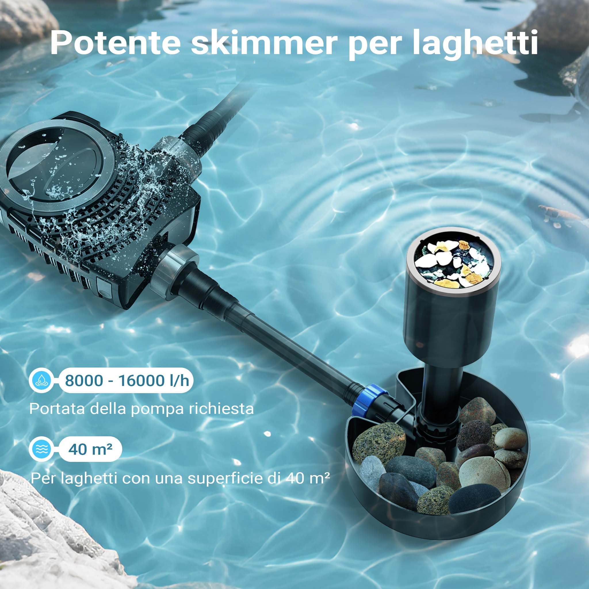 SunSun Skimmer di superficie CSP-40 per laghetti fino a 40 m², altezza regolabile 650–850 mm