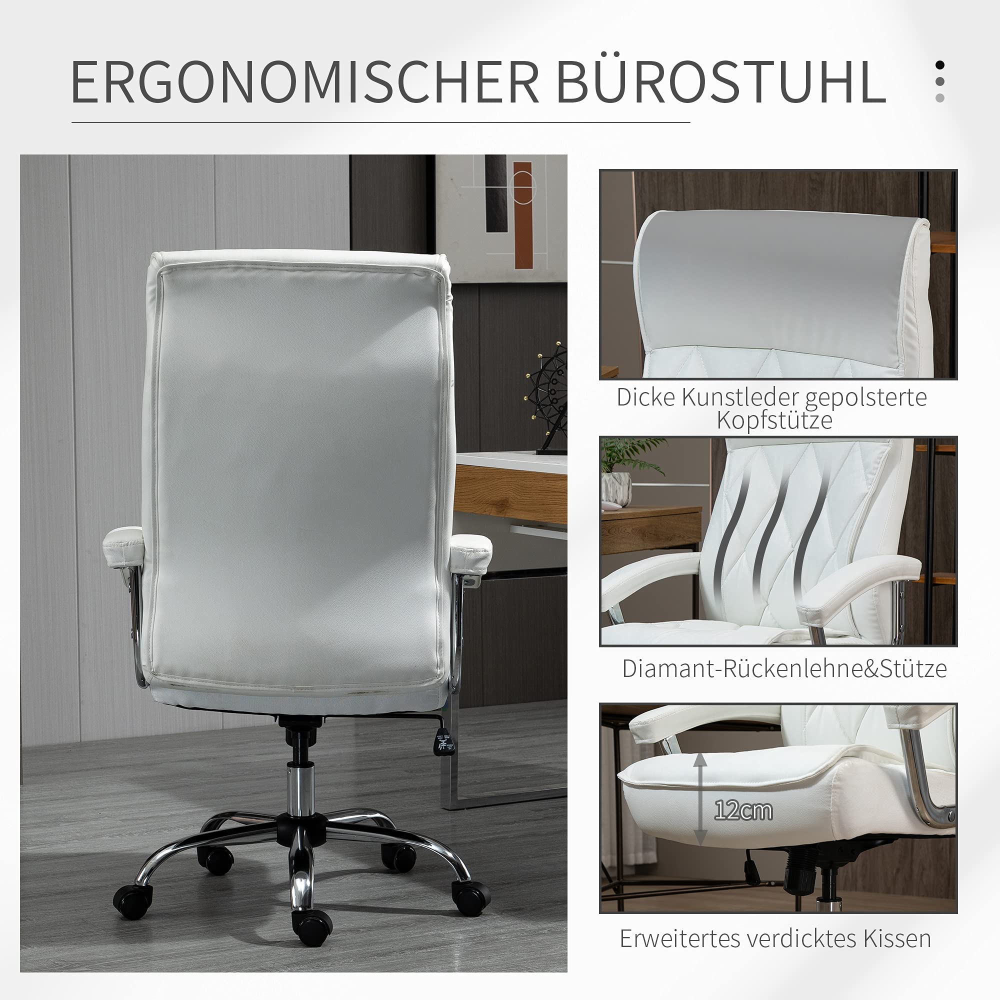 biurowe Vinsetto fotel biurowy krzesło do gier fotel obrotowy ergonomiczne z funkcją kołysania regulacja wysokości wzór w romby nowoczesne eleganckie luksusowe skóra PU metal pianka kolor biały