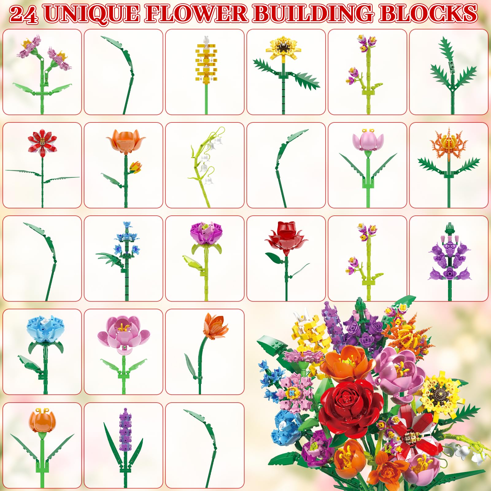 Blumen Adventskalender 2026, 24 Tage Bausteine-Set für Frauen