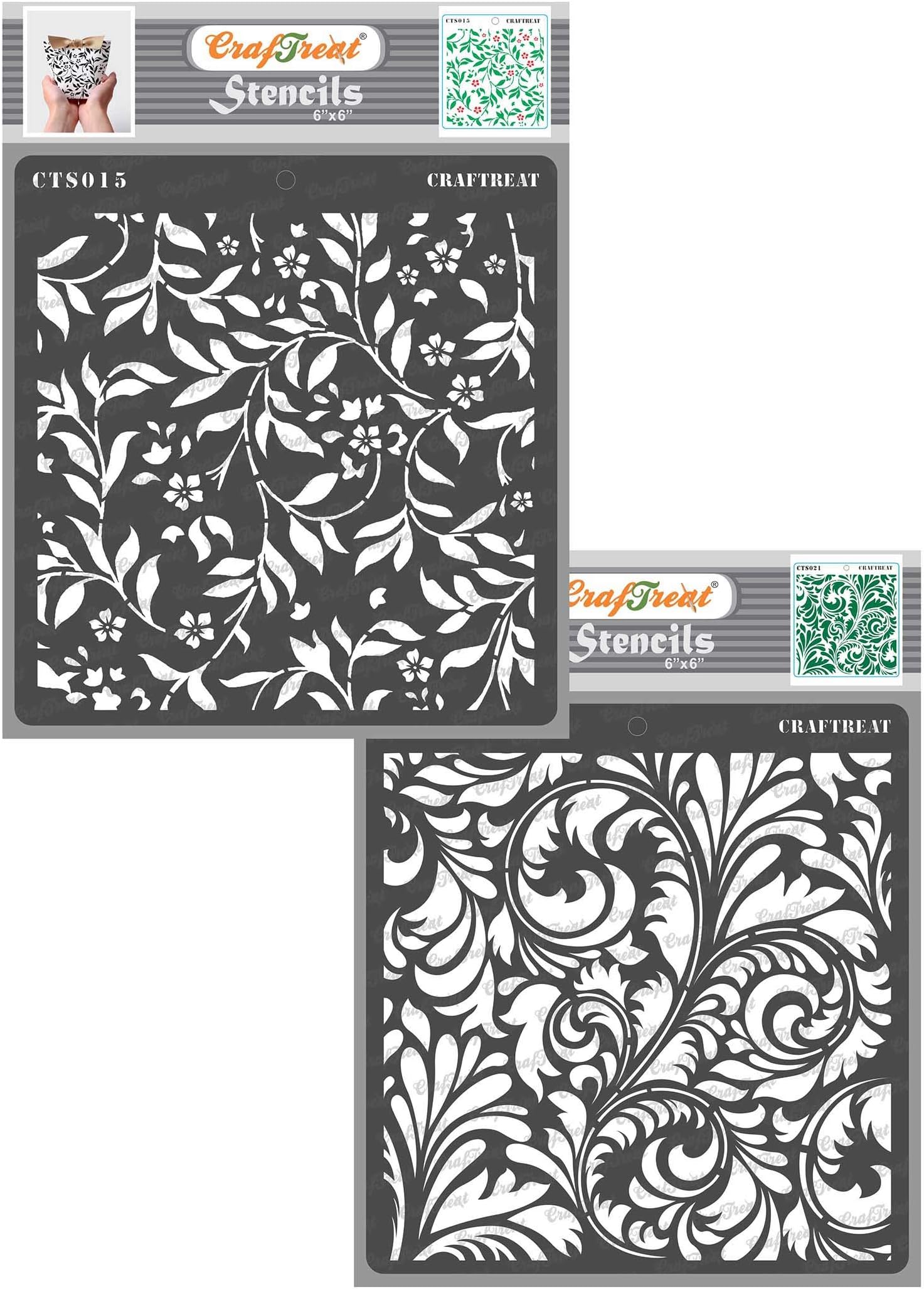 CrafTreat Stencil - Flourish 1and2 (2 pcs) - Reusable Painting Template for Journal Home Decor Crafting DIY Albums Scrapbook Decoration and Printing on Paper Floor Wall Fabric 6x6 inches