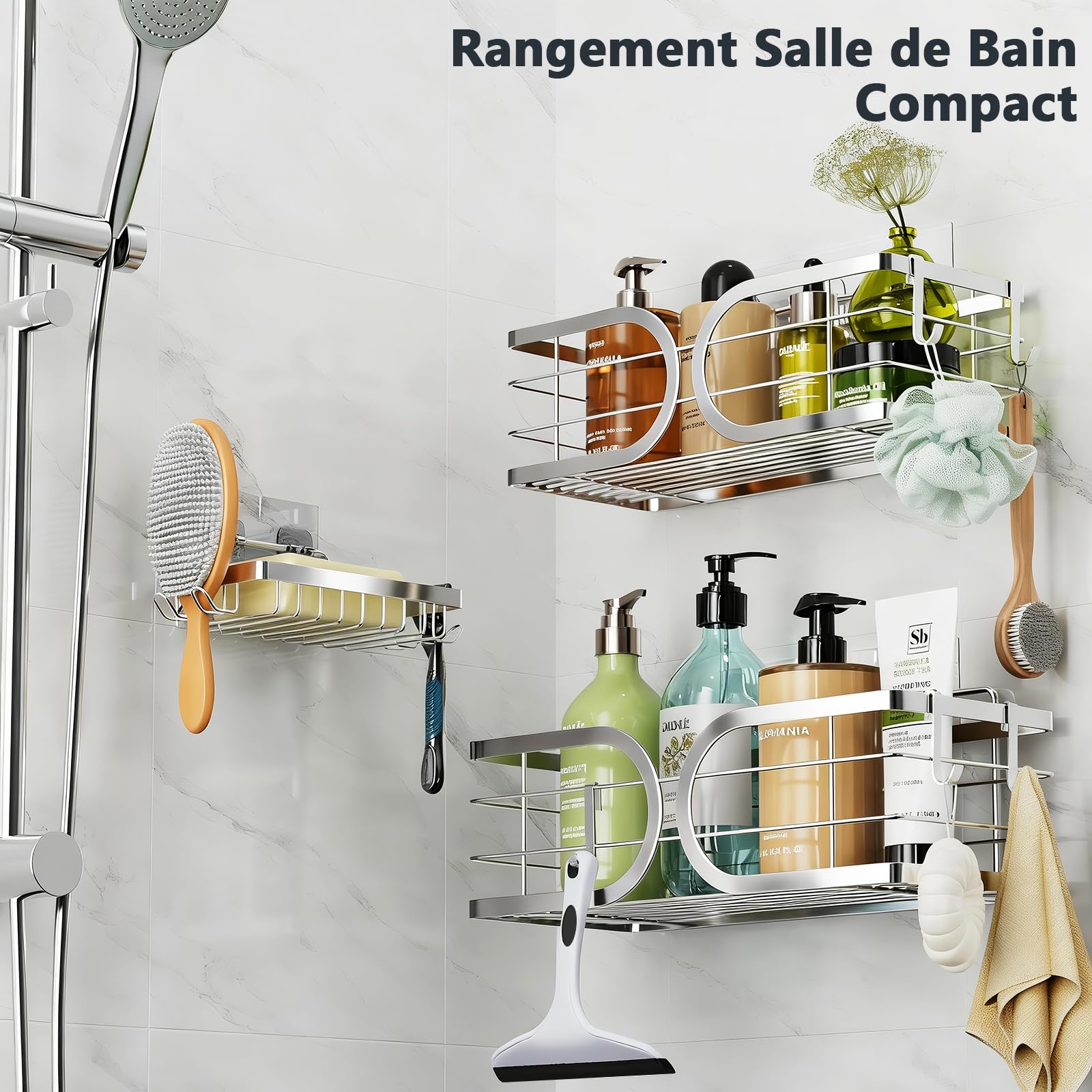 Etagère Douche Sans Percage 3 Pièces avec Porte-Savon Murale de Rangement pour Bouteilles de Shampoing Gel 304 Acier Inoxydable Grande Capacité Support Douche pour Salle de Bain(Argent)