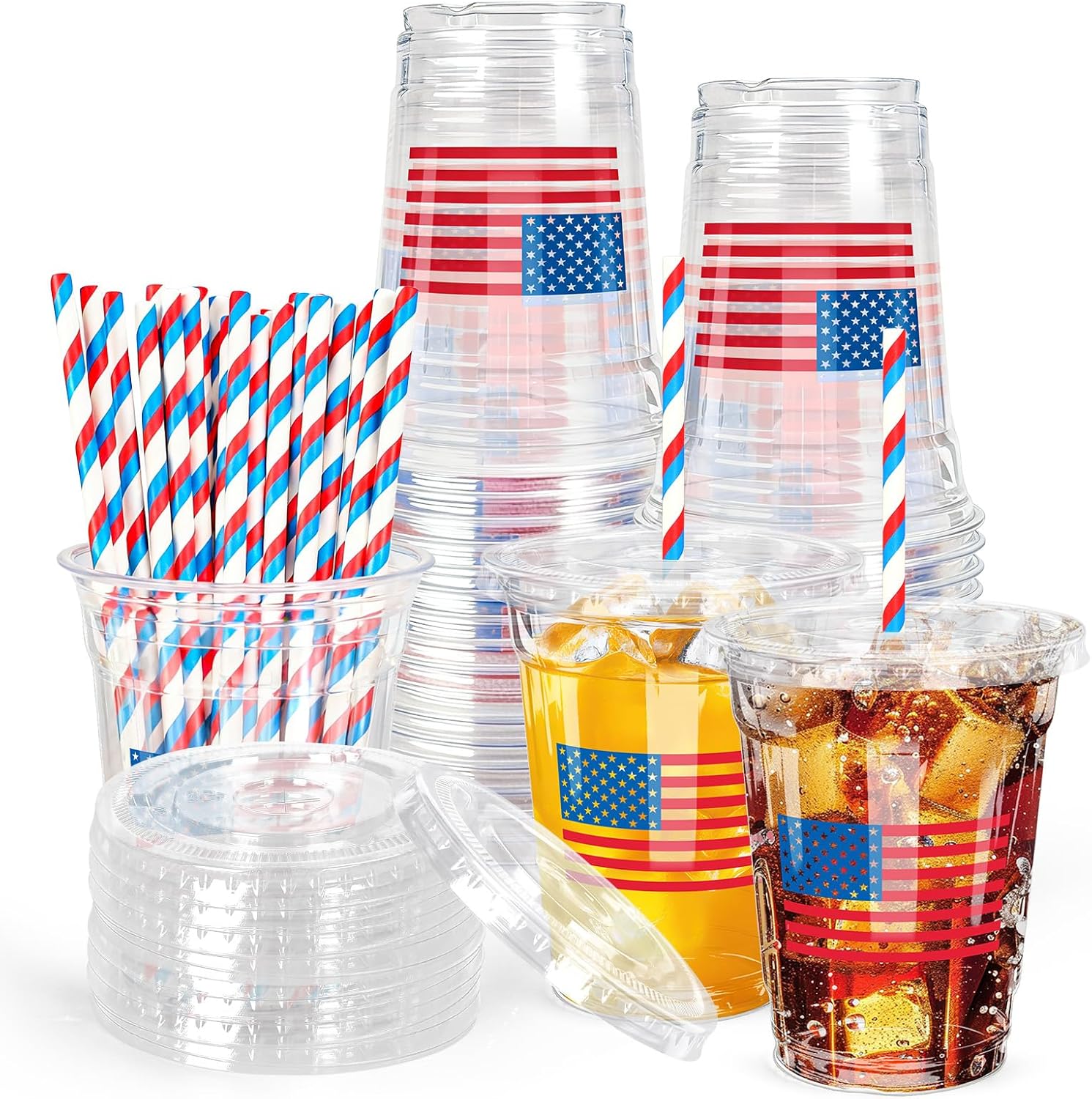 Whaline 50 Pcs Patriotic Flag Plastic Cups with Lids and Straws 16oz Clear Drinking Cups American Flag Disposable Cup for 4th of July Independence Day Party Supplies