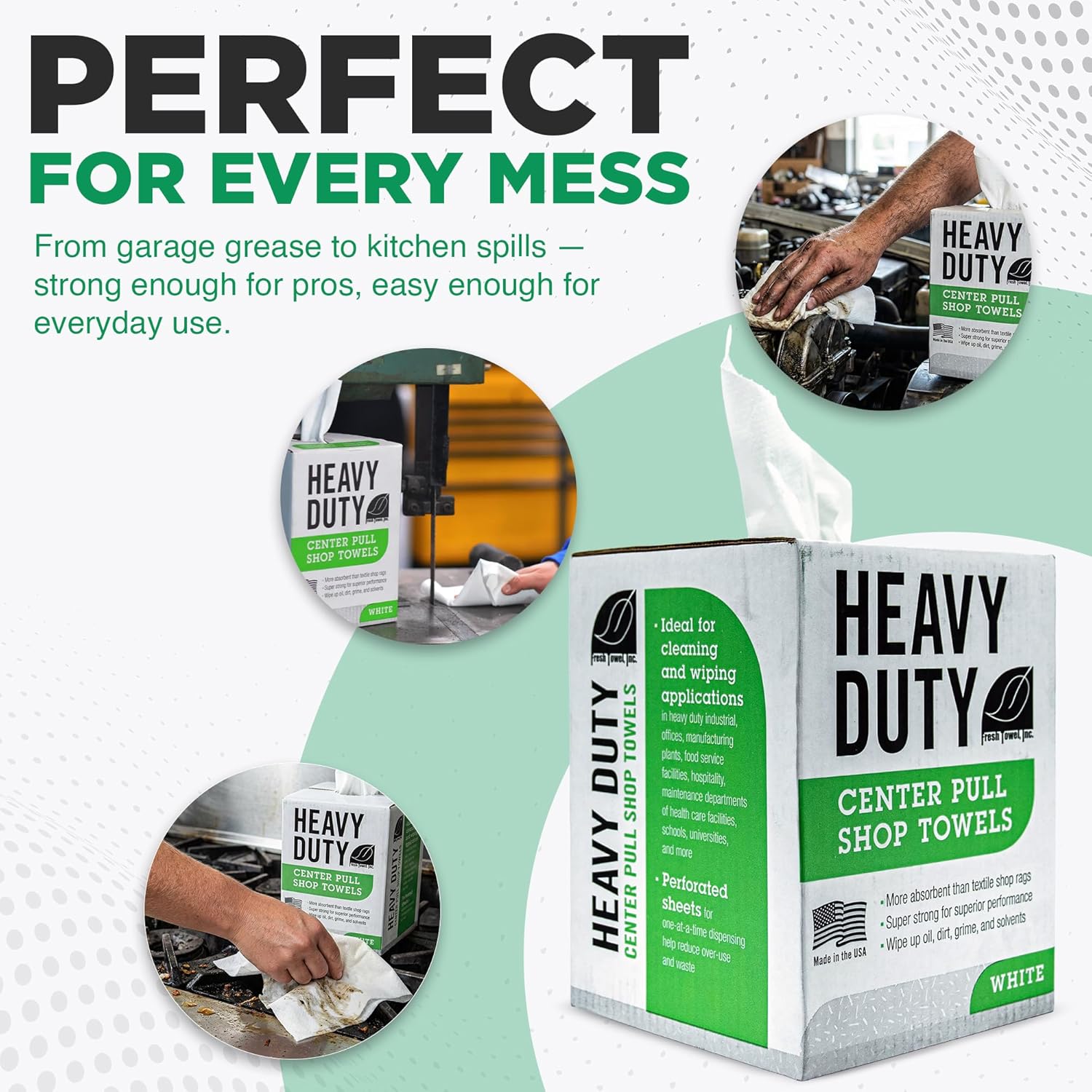 Fresh Towel Heavy Duty Center Pull Shop Towel Rags for Cleaning- (1 Box of 160 Sheets) Disposable Cleaning Towels - 9 x 12 inches - FT800 (White)