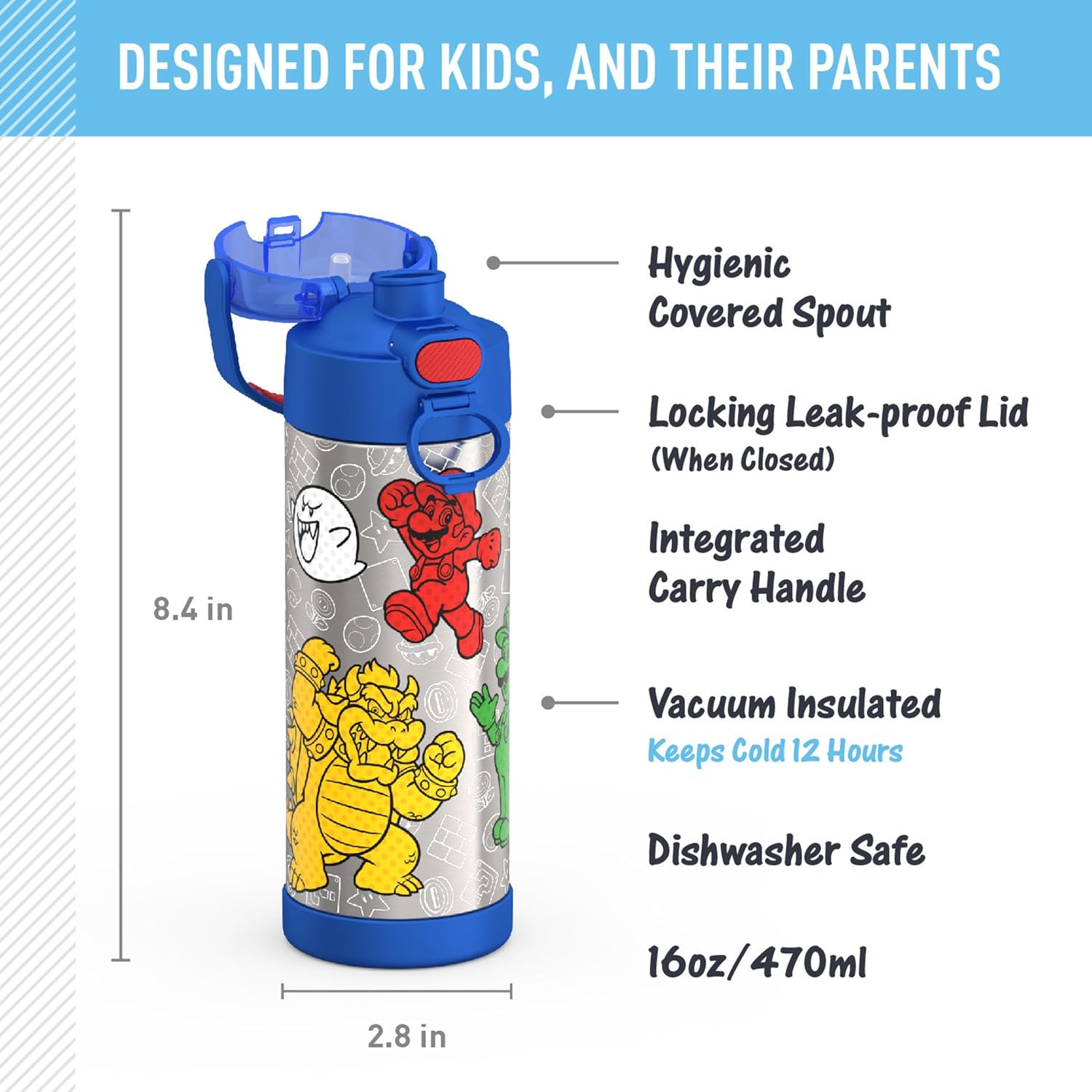 THERMOS FUNTAINER 16 Ounce Stainless Steel Vacuum Insulated Bottle with Wide Spout Lid, Mario - Image 2