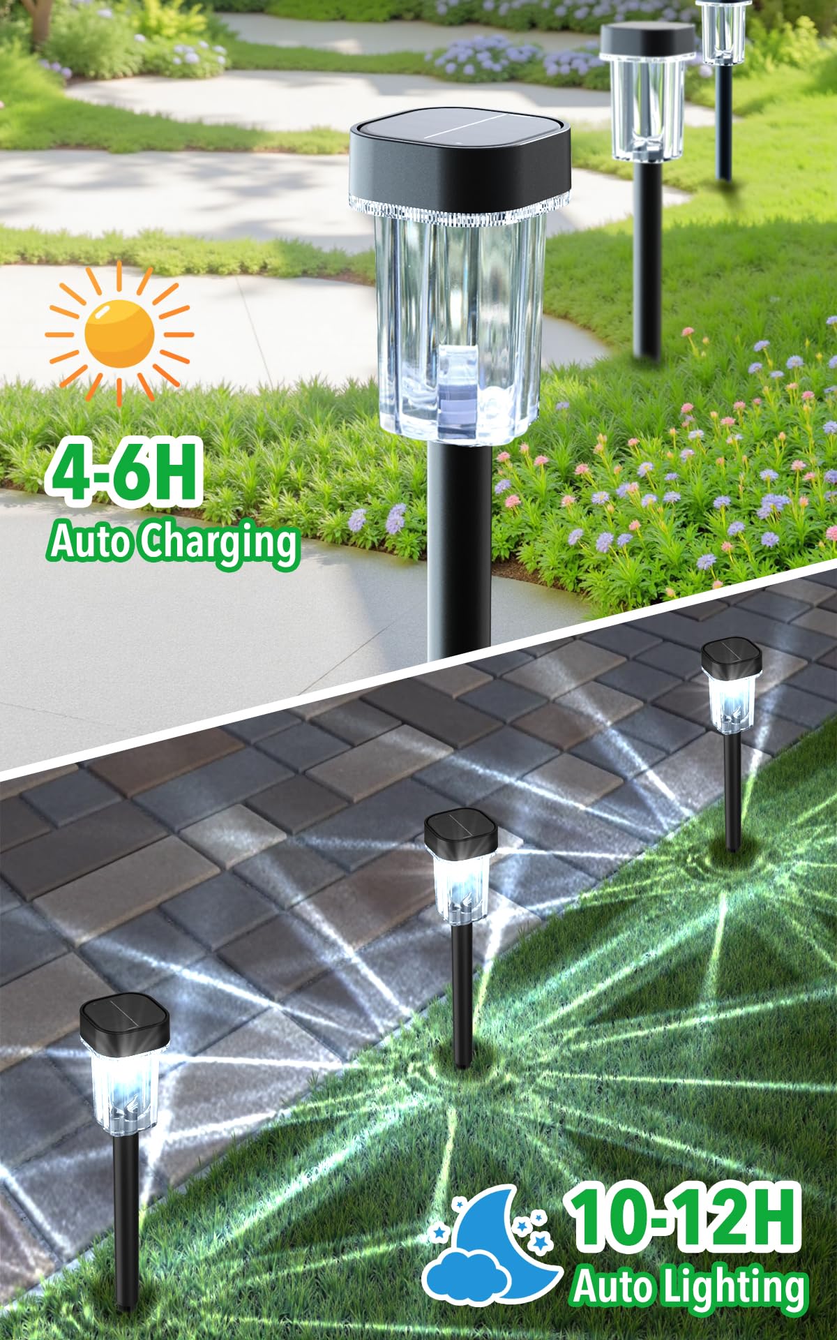 LIANGLOME Solar-Wegleuchten für den Außenbereich, IP55 wasserdicht, solarbetriebene Gartenleuchten, 6000 K, kaltweiße LED, automatisches Ein-/Ausschalten, Outdoor-Solarleuchten für Hof, Auffahrt