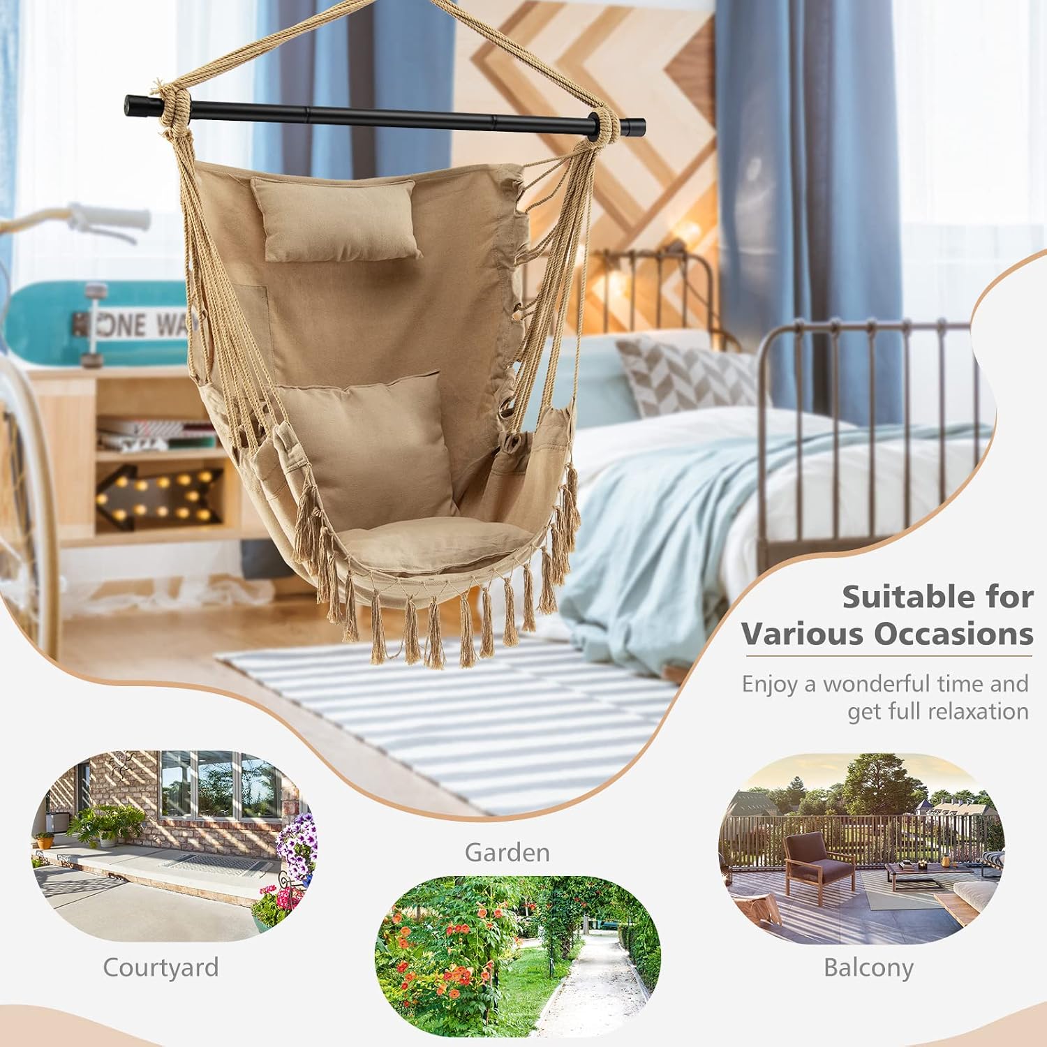 Silla Hamaca Colgante 360° - Soporta 150kg, Gris Claro (Incluye Cojines)