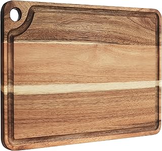 AZRHOM Large Acacia Wood Cutting Board for Kitchen, Butcher Block for Meat and Cheese, Chopping Board with Hanging Hole and Groove 18x12 Inch