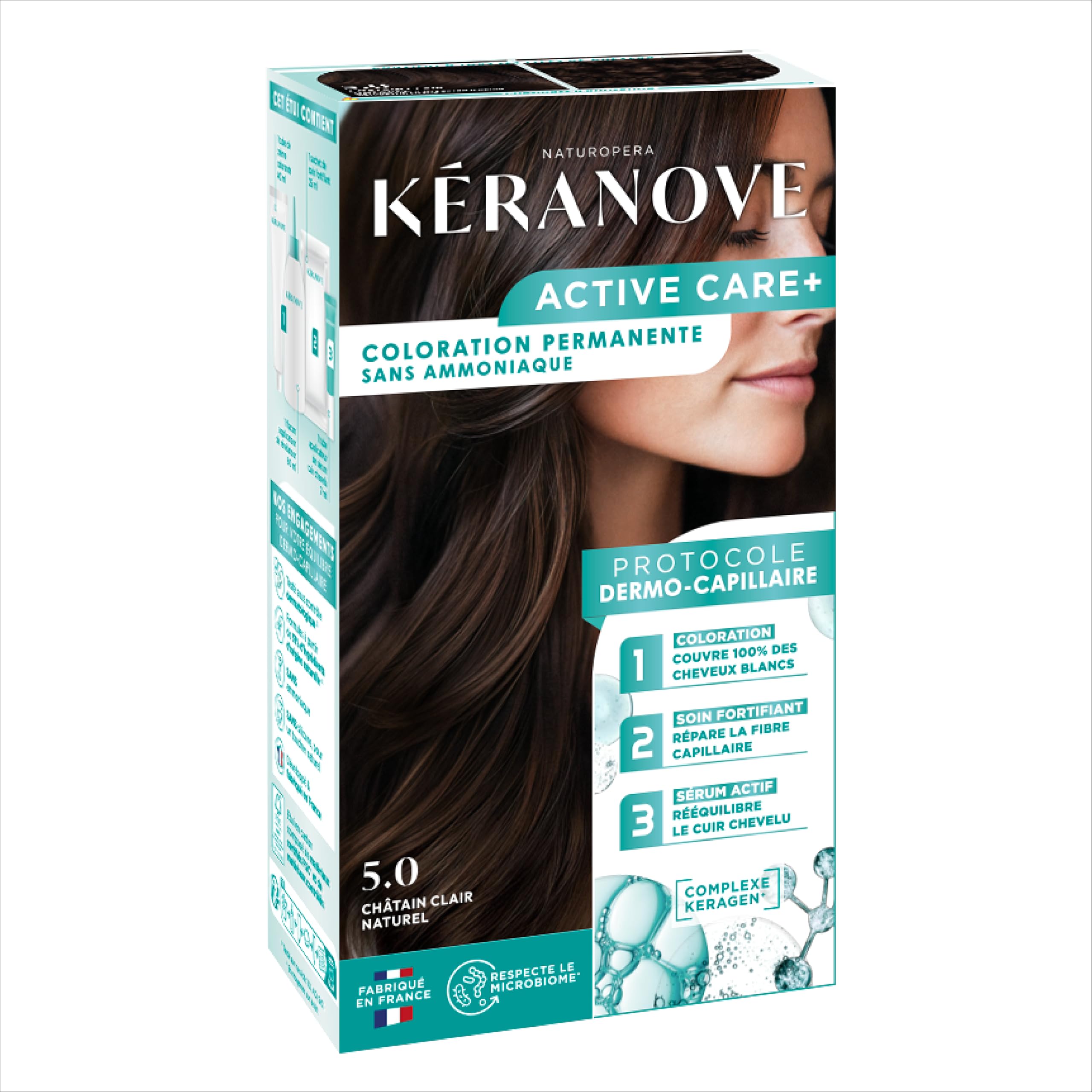 KERANOVE - Coloration Permanente Dermo-Capillaire Sans Ammoniaque - Odeur douce - Kératine végétale et Prébiotiques - 5.0 Châtain Clair Naturel