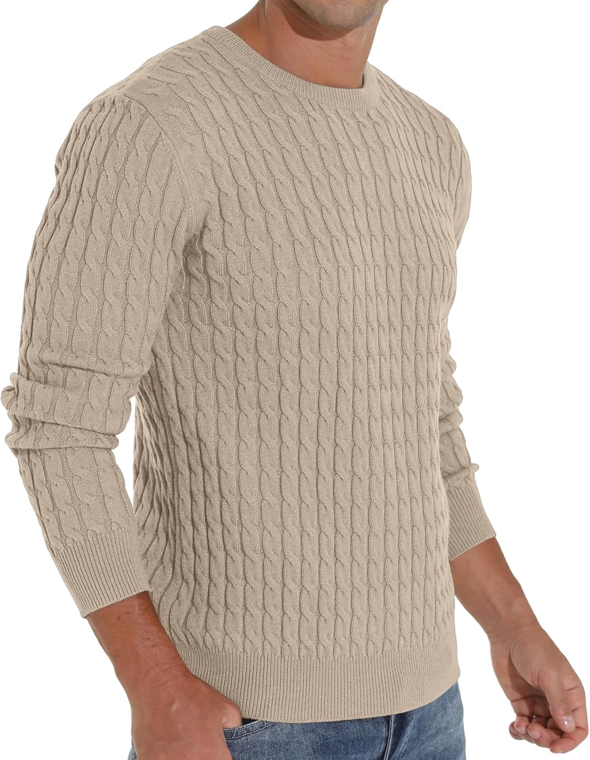 Askdeer Men's Crewneck Sweater Classic Soft Knitted Pullover Sweaters Khaki - Image 4