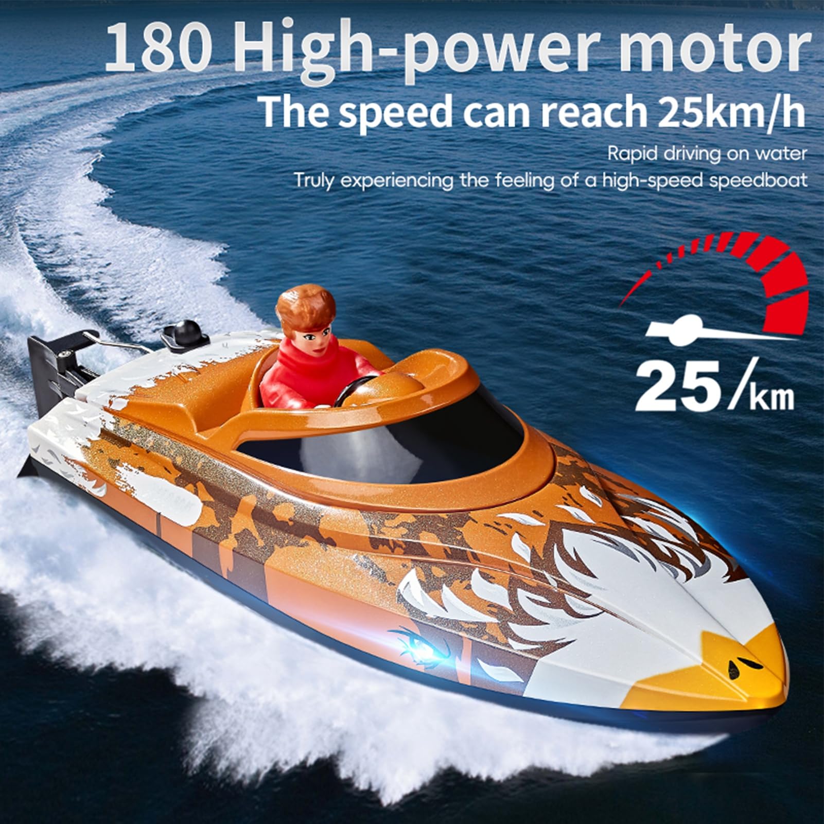 Lancha de velocidad a control remoto, 2.4 GHz 25 KPH de alta velocidad con luces LED, alarma de bajo voltaje, reinicio automático con un solo clic, demostración automática para lagos y