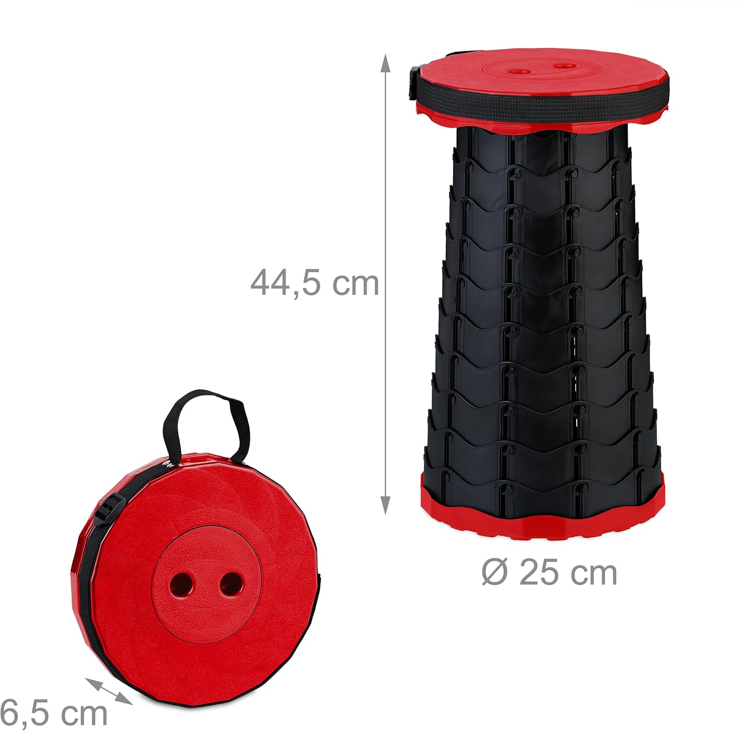 Relaxdays Telescopic Stool, Foldable, Carry Strap, Outdoor, Height-Adjustable Camping Stool, HBT 44.5 x 25 x 25 cm, Red/Black