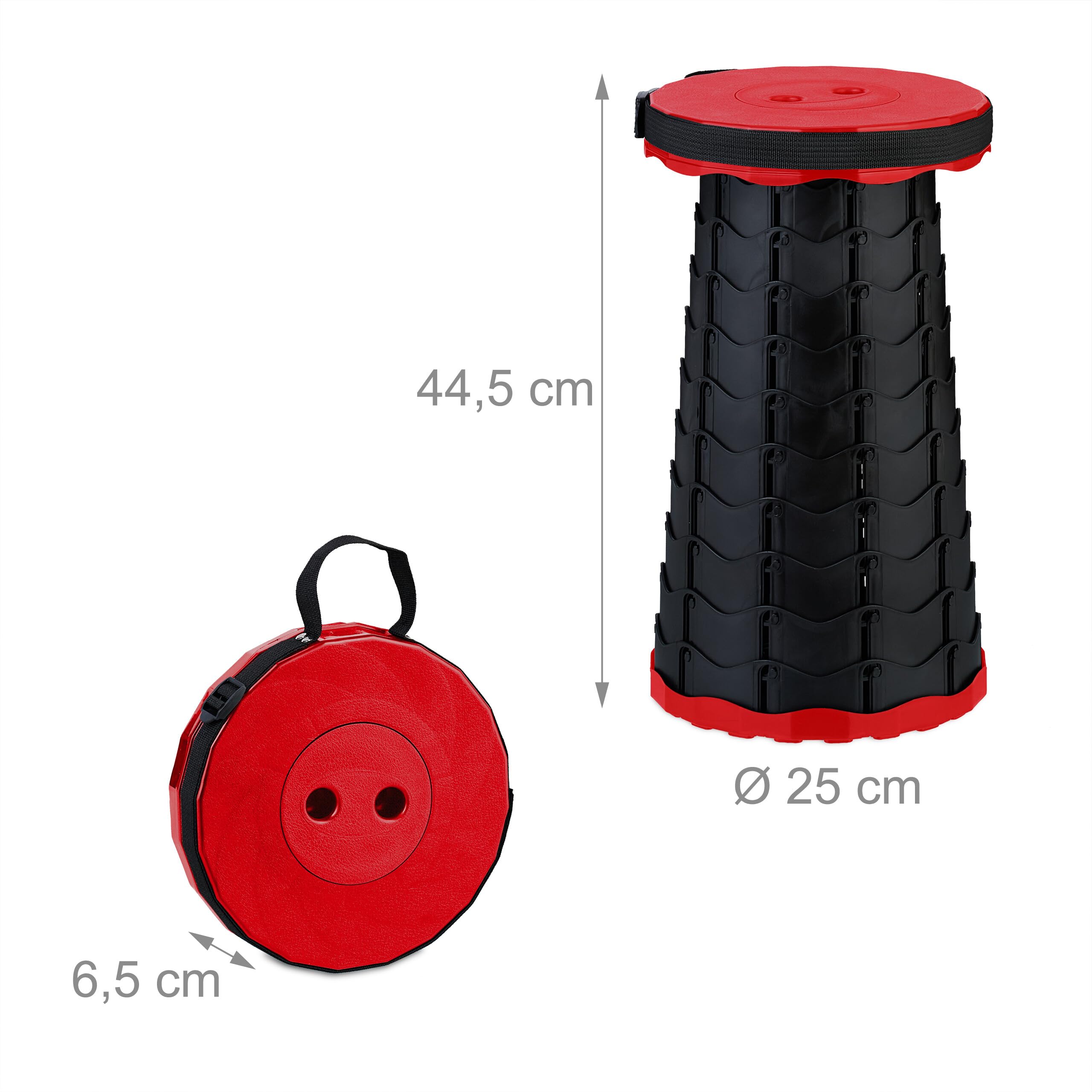 Relaxdays Sgabello Pieghevole Portatile, HLP 44,5 x 25 x 25 cm, Sedia da Campeggio Regolabile in Altezza, Nero Rosso