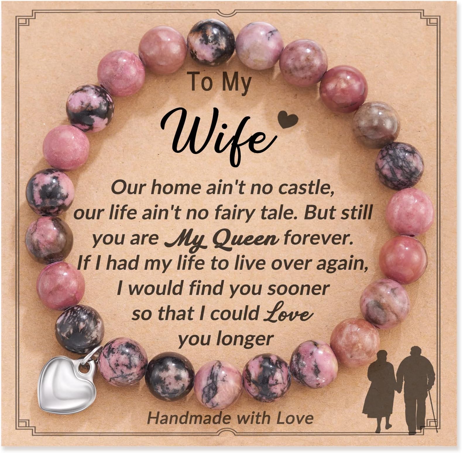 HGDEER Gifts for Wife, Natural Stone Heart Bracelets Christmas Birthday for Wife from Husband, 7 Inch, Metal, no gemstone