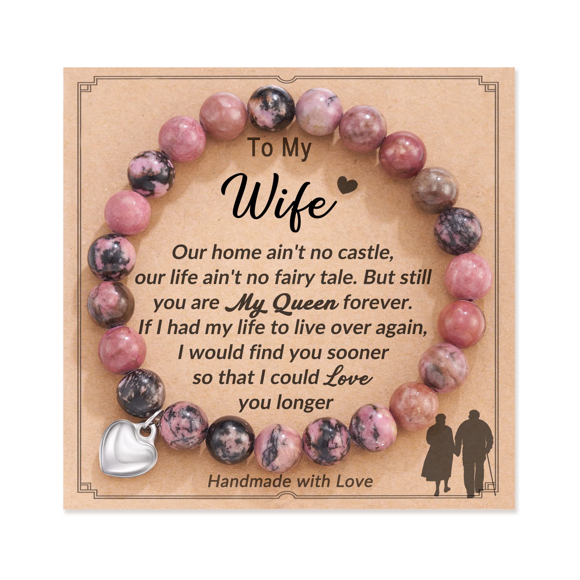 HGDEER Gifts for Wife, Natural Stone Heart Bracelets Christmas Birthday for Wife from Husband, 7 Inch, Metal, no gemstone