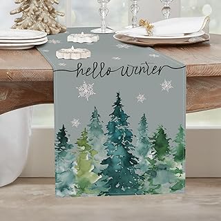 Bonhause Winter Pine Tree Table Runner 13x72 Inch Christmas Tree Snowflakes Ink Wash Painting Winter Holiday Kitchen Dining Table Decoration for Indoor Outdoor Home Party Decor