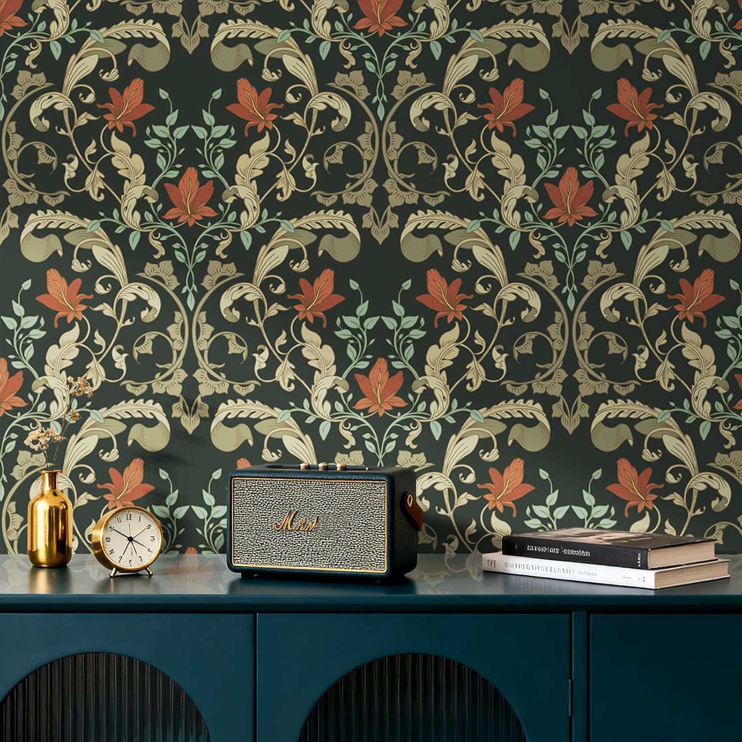 YENHOME 17.5" X23ft William Morris Peel and Stick Wallpaper Vintage Dark Floral Botanical Removable Self Adhesive Damask Art Nouveau Wallpaper for Living Room Renter Friendly Antique Wall Mural Decor